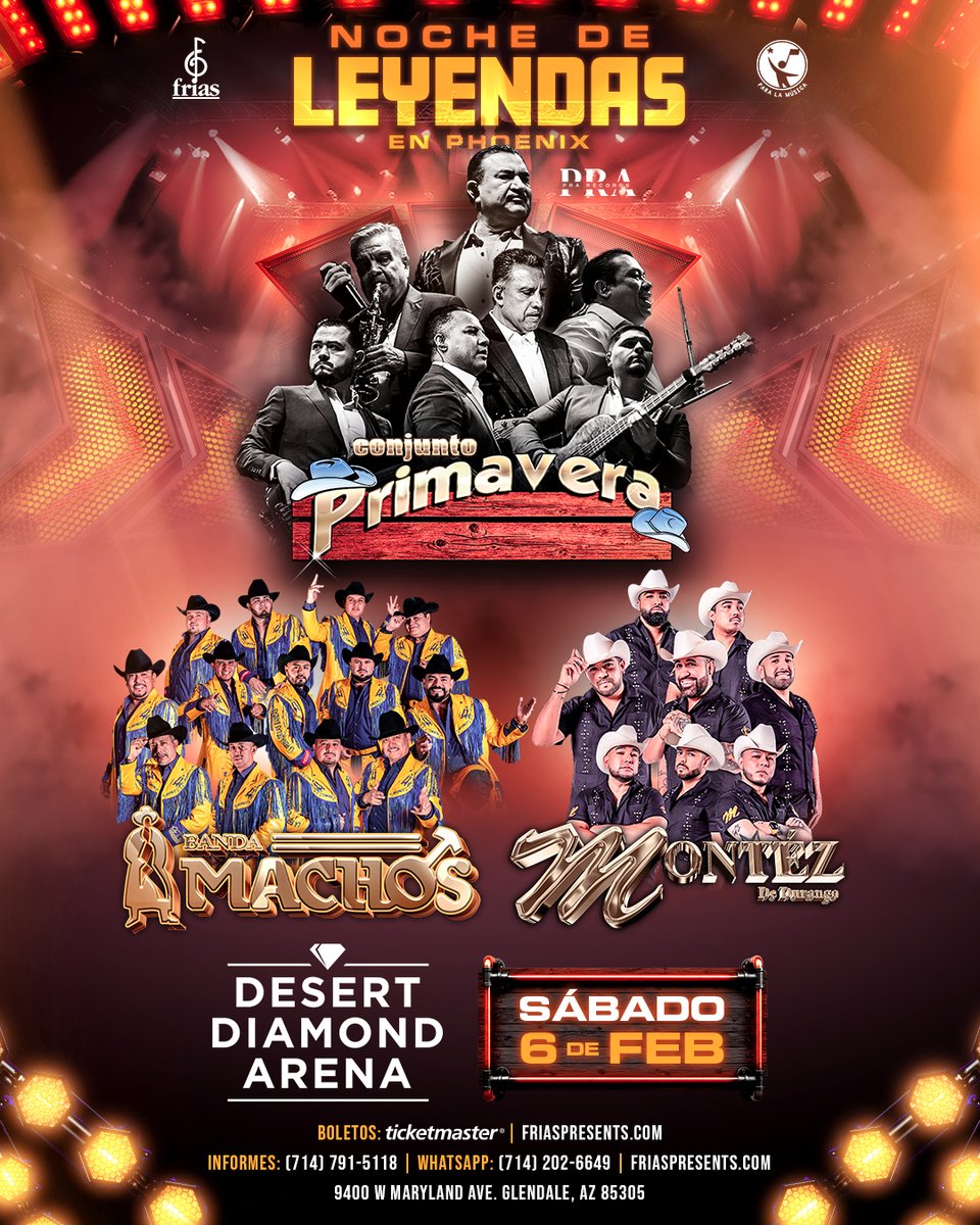 DDArenaAZ's tweet photo. 🚨 ¡RECIÉN ANUNCIADO! 🚨

Conjunto Primavera, Banda Machos y Montez De Durango llegarán a Desert Diamond Arena el sábado 6 de febrero de 2027. 🎶🔥

🎟️ La preventa comienza mañana a las 10AM con el código: DDA27 en https://t.co/mR3mMOE0RX https://t.co/D3KG0JrvIN