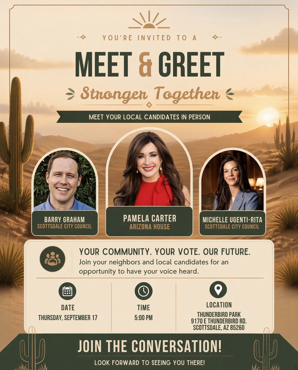 azgop_ld4's tweet photo. MEET & GREET
Stronger Together

Meet your local candidates in person this Thursday:

Barry Graham — Scottsdale City Council
Pamela Carter — Arizona House
Michelle Ugenti-Rita — Scottsdale City Council

Thursday, September 17
5:00 PM
Thunderbird Park
9170 E Thunderbird Rd, Scottsdale, AZ 85260

Your community. Your vote. Our future.
Come say hello, ask questions, and join the conversation with neighbors who want a stronger Scottsdale and Arizona.

Look forward to seeing you there.

https://t.co/egriKLBsuq