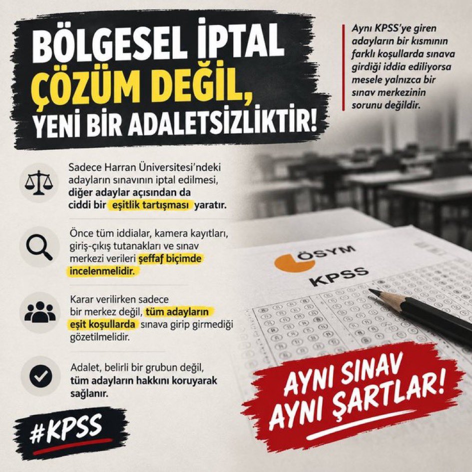 eroglu0701's tweet photo. ÖSYM, kamu güvenini sözlerle değil; şeffaf, hukuka uygun ve hesap verebilir adımlarla yeniden tesis etmelidir.

Urfa konusunun üstünü kapatamazsınız. Sınavlarda adalet, emeğin ve liyakatin güvencesidir.

#KPSSdeAdaletYok https://t.co/bggIIFZQNz