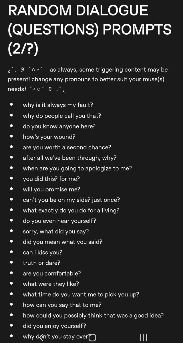 ofareswrath's tweet photo. { dialogue starter prompts }

♡ ; for a random starter

↻; to spread the word

⤷ ; if you want a specific prompt feel free to comment it or dm https://t.co/7JG4qh8xkY