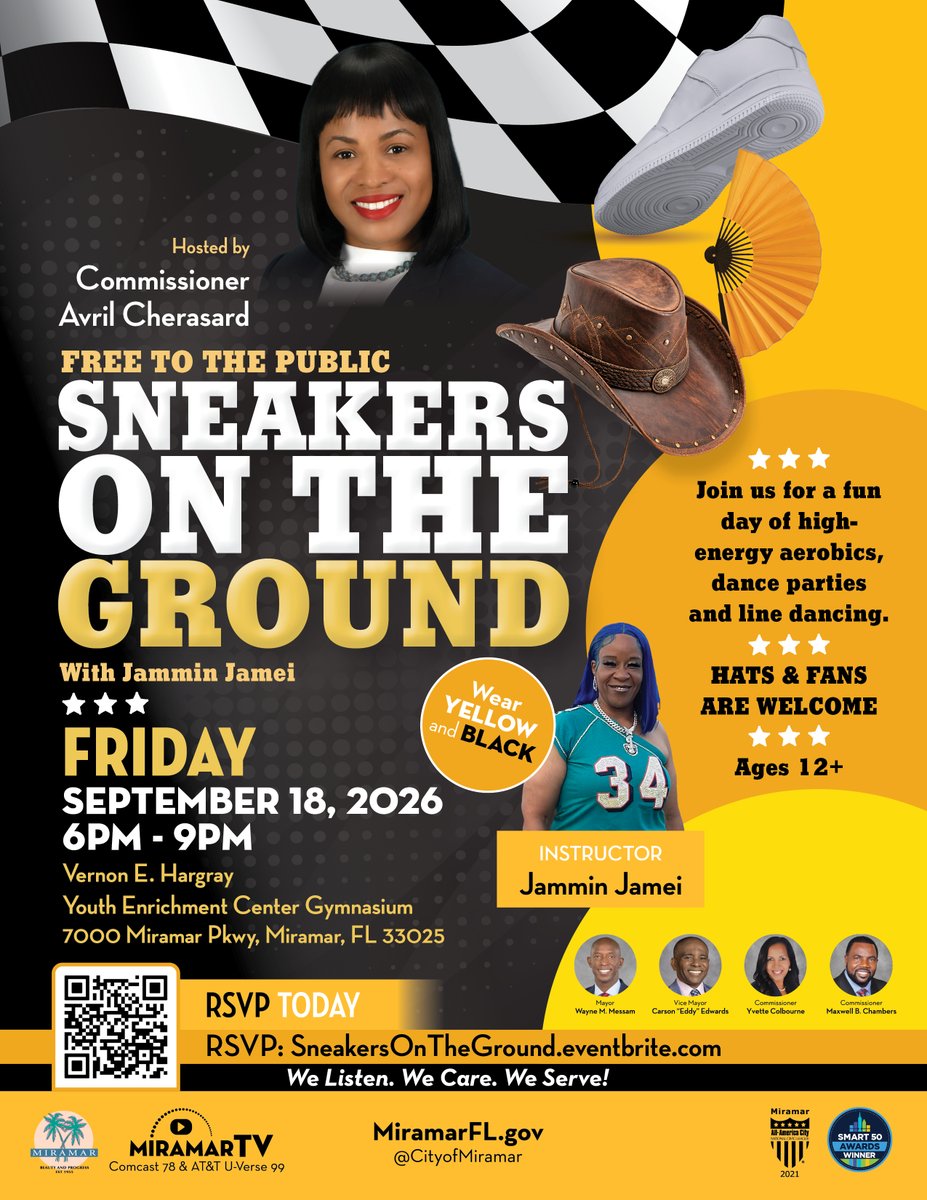 CityofMiramar's tweet photo. Lace up and join us for Sneakers on the Ground, hosted by Commissioner Avril Cherasard!

Get ready for an exciting evening of high-energy aerobics, dance parties, and line dancing with Jammin Jamei  — perfect for ages 12 and up!

Friday, September 18  | 6 PM – 9 PM
Vernon E. Hargray Youth Enrichment Center Gymnasium
7000 Miramar Pkwy
Miramar, FL 33025

FREE & Open to the Public — Hats & Fans welcome!

Wear Yellow and Black | No boots allowed on the gym floor

Upcoming dates: 10/16, 11/20, 12/18

RSVP at https://t.co/M1QBzYaJba