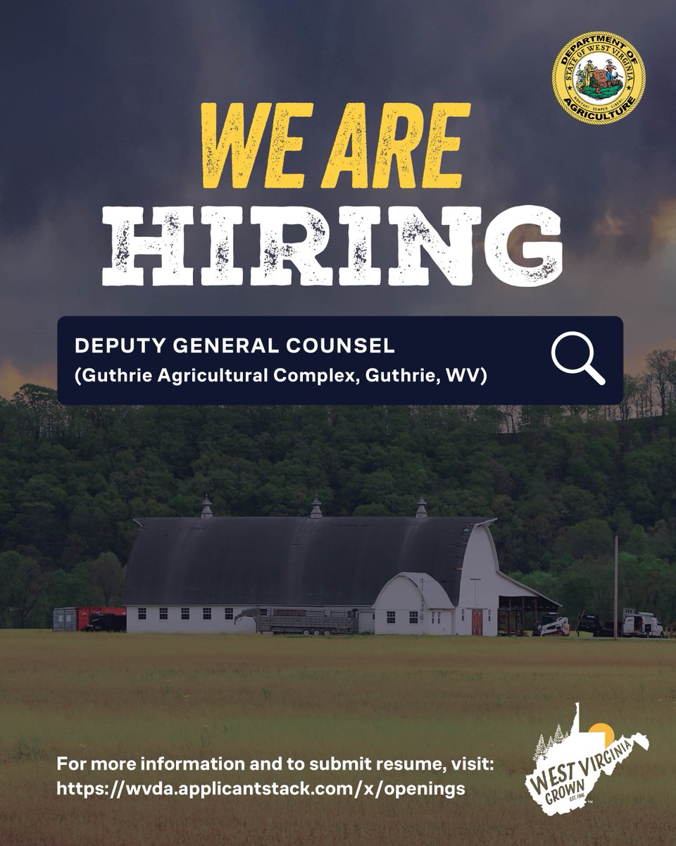 WVDeptofAg's tweet photo. The WVDA is searching for a Deputy General Counsel to join our team. Interested? Fill out an application today for this position or other openings with the WVDA at: https://t.co/qC1u88vZWd https://t.co/CbIWcFzRyi