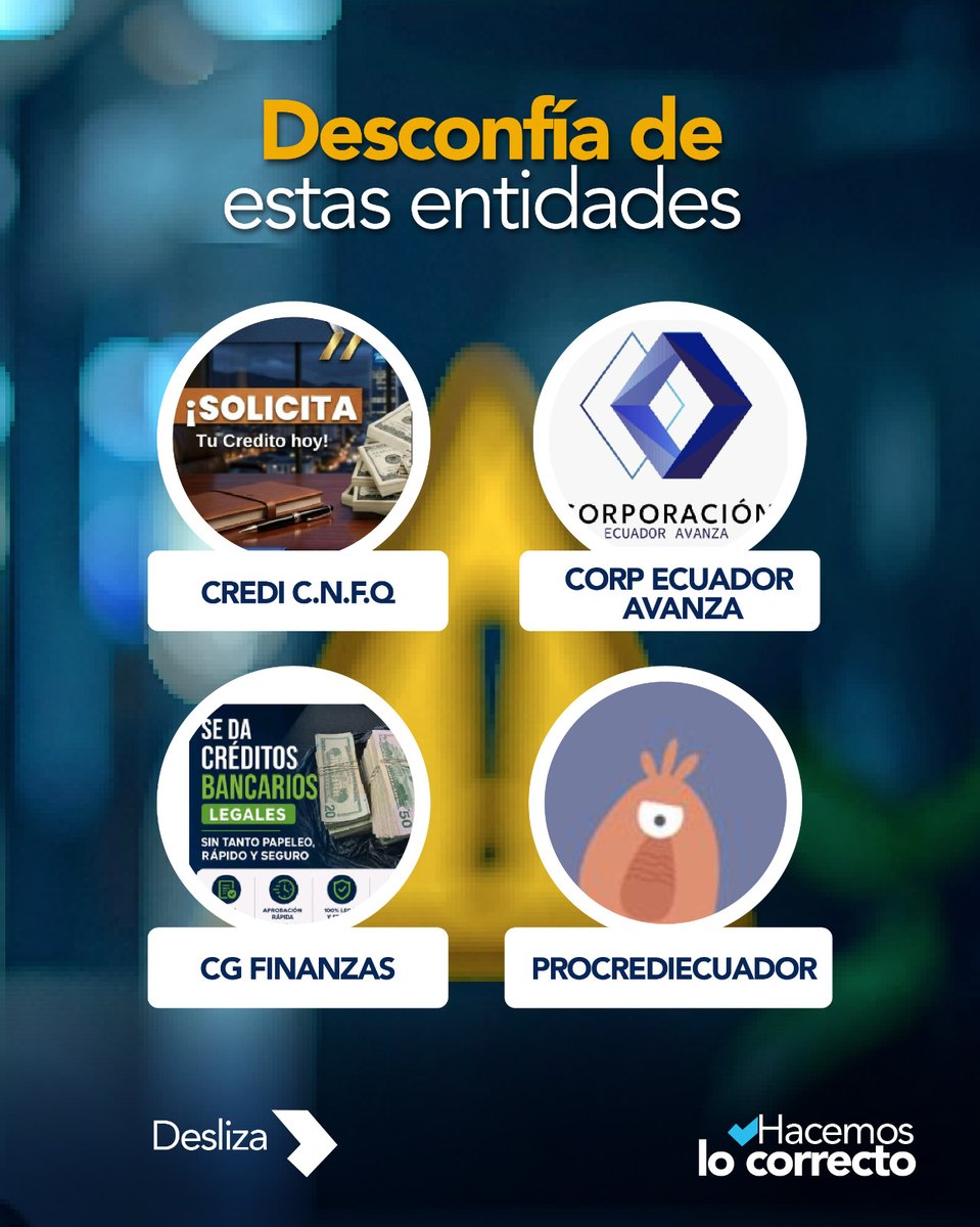 superbancosEC's tweet photo. La Superintendencia de Bancos informa a la ciudadanía que NINGUNA de estas entidades está autorizada 🚫 para captar dinero del público ni para realizar actividades de intermediación financiera.

Cuida tus recursos 💵 y confíalos únicamente a entidades autorizadas. 👌🏻

Trabajamos por la vigilancia y supervisión financiera en favor de tu seguridad. 🛡️ .
.
.
.
. #EntidadesNoAutorizadas #SupervisionFinanciera #HacemosLoCorrecto ✅