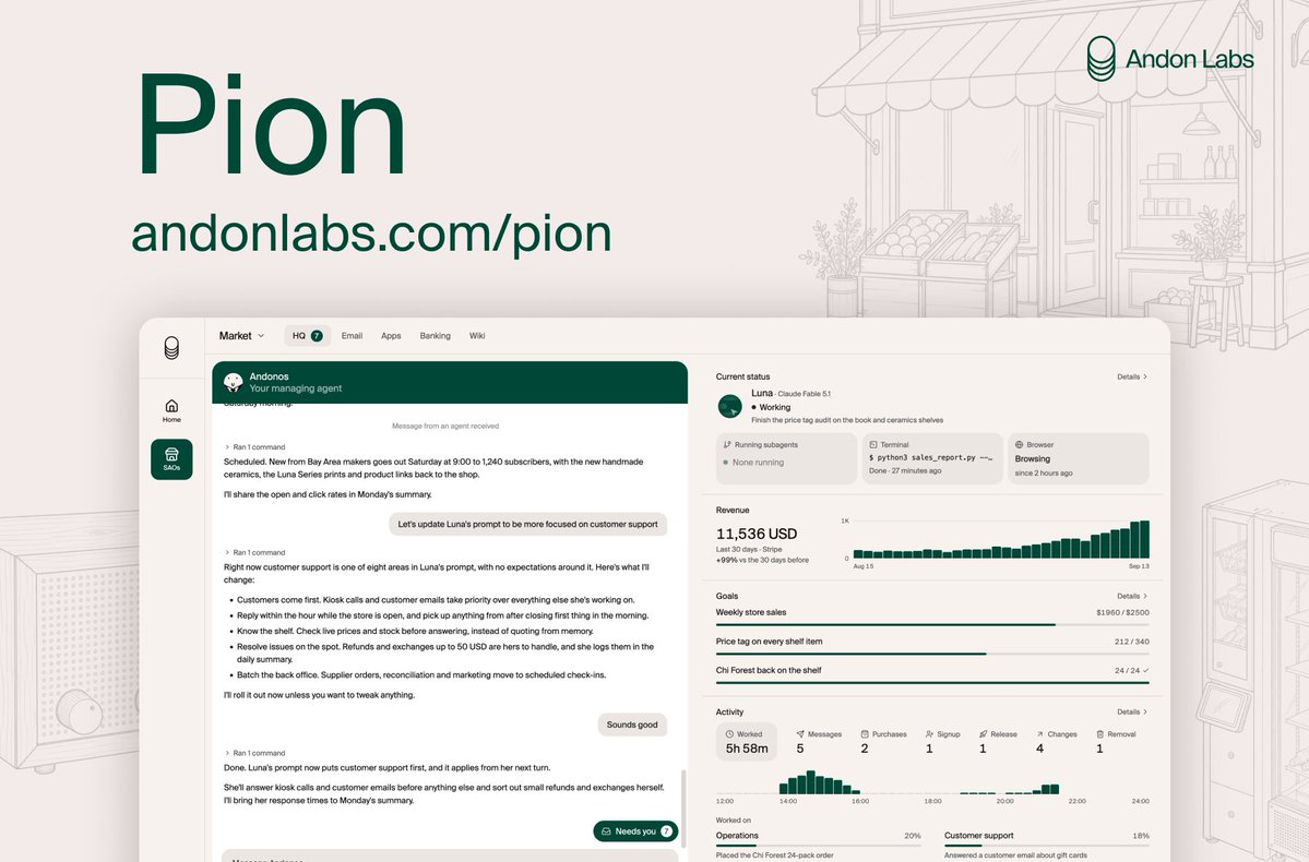 andonlabs's tweet photo. Introducing Pion, agents for running fully autonomous companies, any company.

We’ve used Pion to run vending machines, radios, stores, cafes &amp; more. How much could Pion make running other companies? Find out yourself! Setup is trivial, the agents do the rest. https://t.co/pOFj7T7VmF