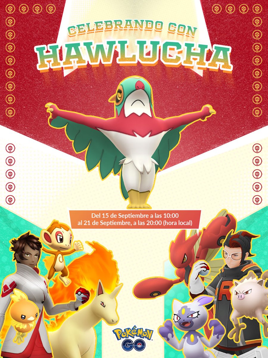 PokemonGoAppLA's tweet photo. ¡Celebremos Septiembre con Hawlucha! 🥊Rudos contra Técnicos ¿De qué lado estarán?

📍 ¡Evento disponible en México!
📅 15 de Septiembre a las 10:00 al 21 de Septiembre a las 20:00 (hora local) https://t.co/3QDJbgsjbR