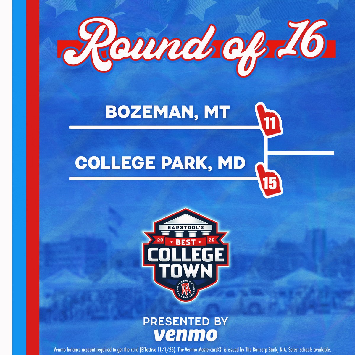 BarstoolBobcats's tweet photo. 🚨 BOZEMAN NEEDS YOUR VOTE 🚨#BOZEMANBCT

Barstool Best College Town Round of 16 is officially LIVE!

⏰ Voting closes Wednesday  at 11:59 PM ET

Presented by @venmo https://t.co/5EwzG9Vem8
