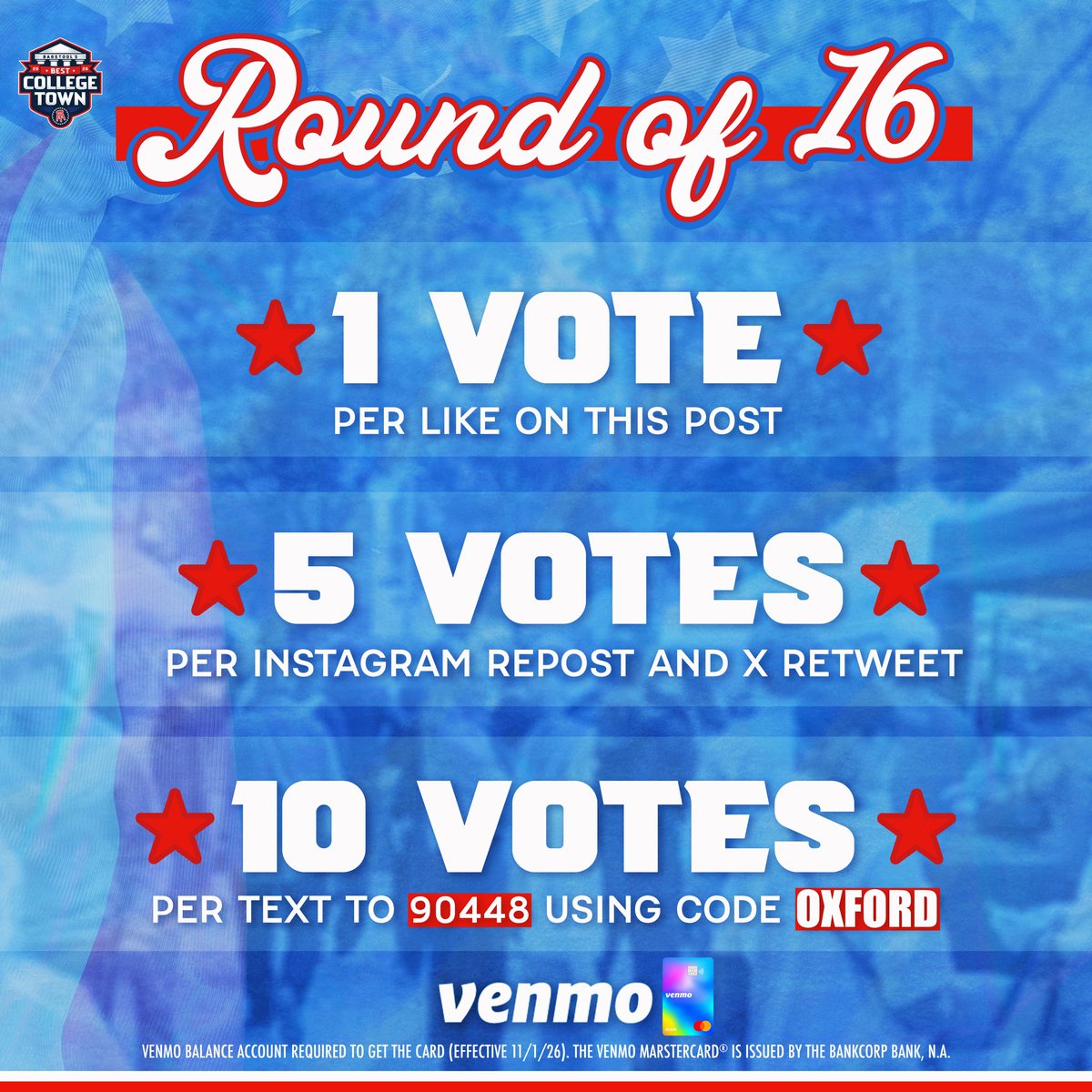 BarstoolMiamiU's tweet photo. 🚨 OXFORD NEEDS YOUR VOTE 🚨#OxfordOHBCT 

Barstool Best College Town Round of 16 is officially LIVE!

⏰ Voting closes Wednesday at 11:59 PM ET

Presented by @venmo https://t.co/9kBNHV7MB5