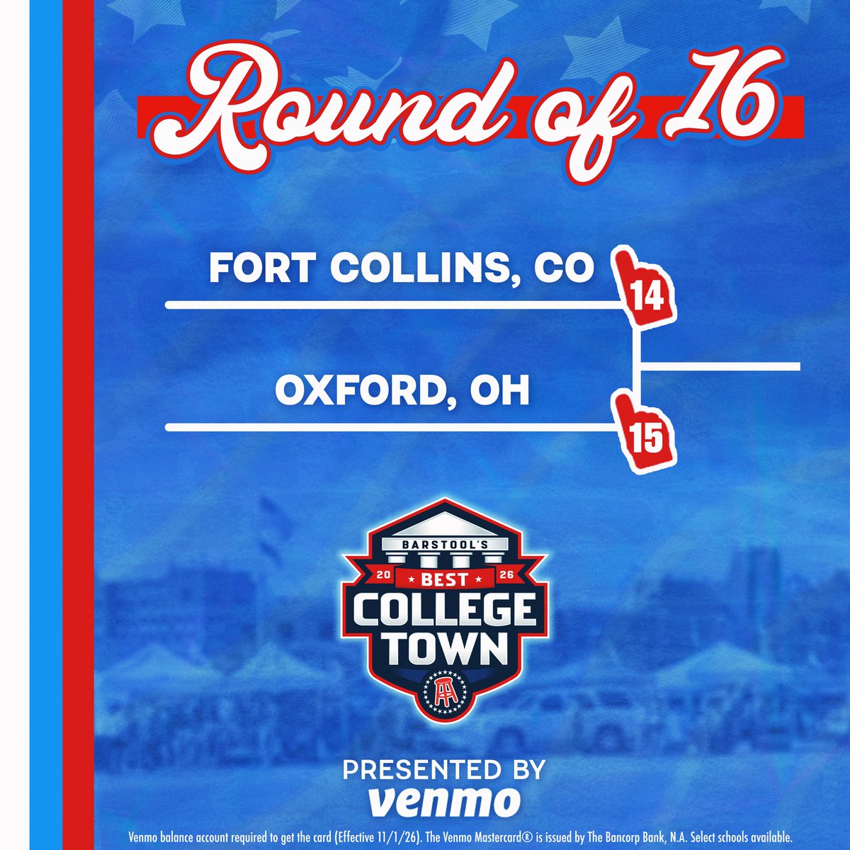 BarstoolMiamiU's tweet photo. 🚨 OXFORD NEEDS YOUR VOTE 🚨#OxfordOHBCT 

Barstool Best College Town Round of 16 is officially LIVE!

⏰ Voting closes Wednesday at 11:59 PM ET

Presented by @venmo https://t.co/9kBNHV7MB5