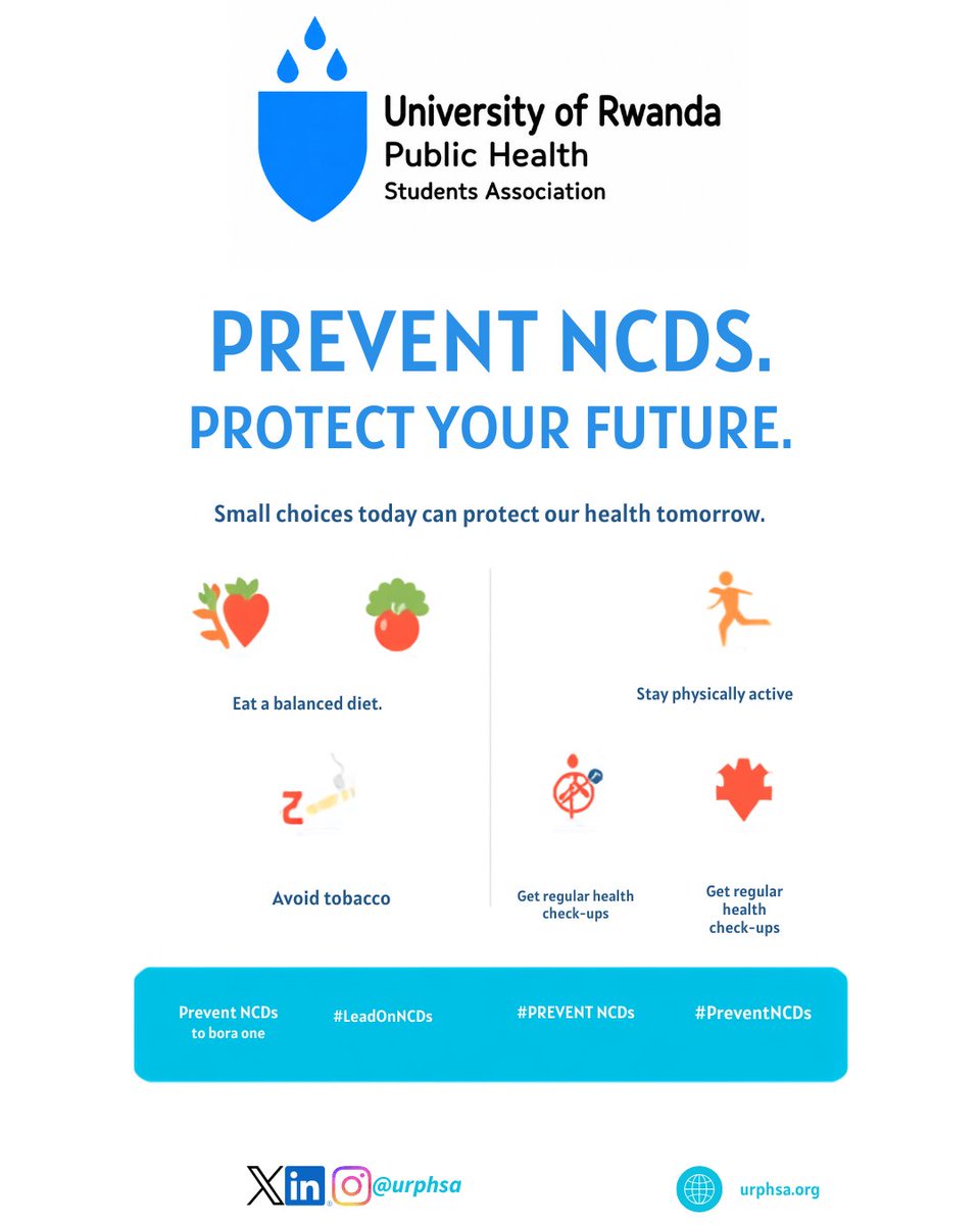 urphsa's tweet photo. NCD prevention starts with the choices we make every day.
🥗 Eat a balanced diet.
🏃 Stay physically active.
🚭 Avoid tobacco.
🩺 Know your health numbers and get regular check-ups.
Small choices today can protect our health tomorrow.
#LeadOnNCDs #PublicHealth https://t.co/gFjzMb1grh