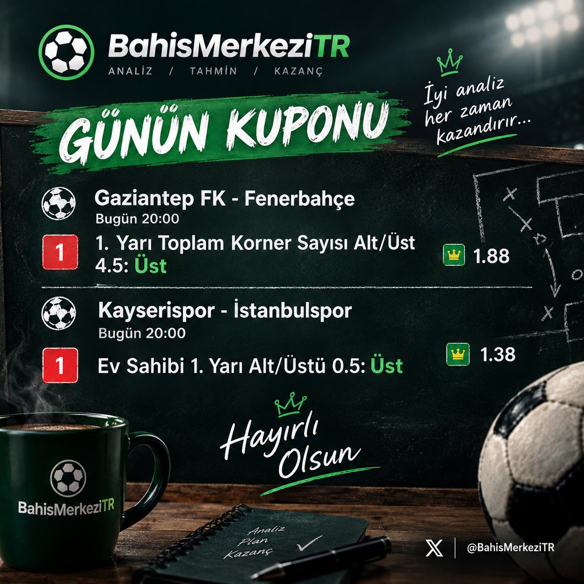 BahisMerkeziTR's tweet photo. 🎯 Günün Kuponu hazır!

🇹🇷 Gaziantep FK – Fenerbahçe
🟢 İlk yarı 4.5 korner ÜST 

🇹🇷 Kayserispor – İstanbulspor
🟢 Ev sahibi ilk yarı 0.5 gol ÜST

💰 Toplam oran: 2.59

Şimdi sıra sahada… ⚽️
Hayırlısı olsun! 🍀

#BahisMerkeziTR #GününKuponu #Bahis #İddaa #Futbol https://t.co/JssKvC8neA
