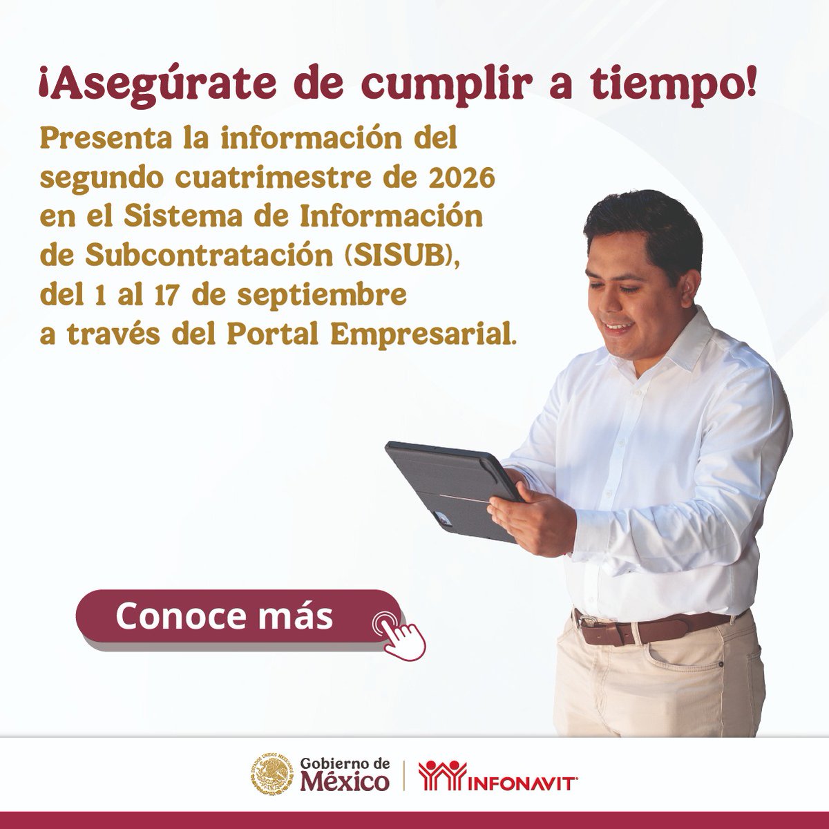 amcpdf's tweet photo. 📢 ¡Cumple en tiempo con tu declaración cuatrimestral!
Si eres una persona física o moral registrada en el REPSE, recuerda presentar la información de tus contratos mediante el Sistema de Información de Subcontratación (SISUB).

🔗 https://t.co/7detk49otM

#AMCP #REPSE https://t.co/5hLAjNXn3G