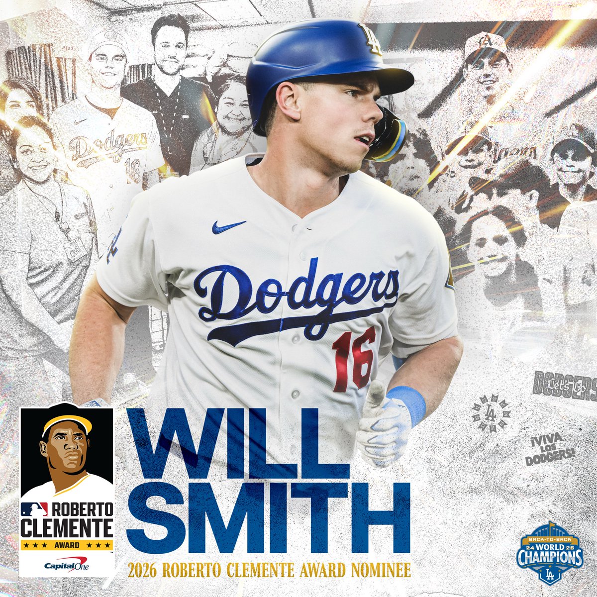 Dodgers's tweet photo. A champion for the community on and off the field. Congratulations to Will on being named the Dodgers’ 2026 Roberto Clemente Award Nominee! https://t.co/n5VO0GmShZ