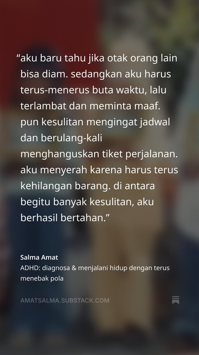 salrna's tweet photo. ADHD: diagnosa &amp; menjalani hidup dengan terus menebak pola
🔗 https://t.co/amwl8OuzCy https://t.co/BW2jC4jUEi