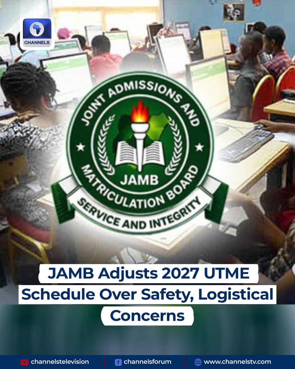 channelstv's tweet photo. The Joint Admissions and Matriculation Board (JAMB) has adjusted the arrival and examination times for candidates participating in the first session of the 2027 Unified Tertiary Matriculation Examination (UTME).

Under the revised schedule, candidates are now expected to arrive at their designated Computer-Based Test (CBT) centres by 7:30 a.m., instead of the previously scheduled 6:30 a.m. The examination will commence at 8:30 a.m. and end at 10:30 a.m.

JAMB said the concerns were particularly relevant to candidates who travel considerable distances to their examination centres and may have to leave home before dawn.

https://t.co/iSLKPQ2lPC