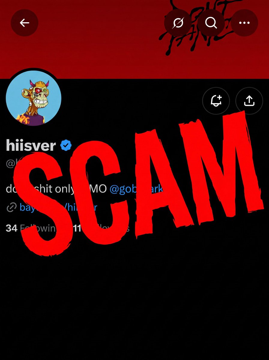 DarkEcco's tweet photo. Attention,Scamer! This person @hiisver is deceiving people and stealing money. He creates fake Shitcoins and communities @Gobmarket $GOBA and then sells them using bot wallets. Help spread this information in the $BAYC community so that no one else falls victim to his actions https://t.co/uZYWCGYWQk