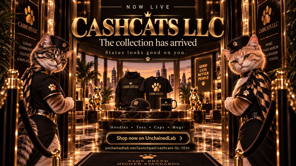 UnchainedLab's tweet photo. 🐈‍⬛ CASHCATS LLC has entered the building.

The collection is officially LIVE on @UnchainedLab.

Luxury. Status. Cat culture.
Made for the other timeline. 🥂

👕 Tees
🧥 Hoodies
🧢 Caps
☕ Mugs
💳 Crypto checkout
🌍 Made to order & shipped worldwide

“We are the other timeline, the cats they left behind.”

Enter the club 👇
https://t.co/EyNHVK5VCU

#CashCats #CCLLC #Web3 #Crypto #Merch