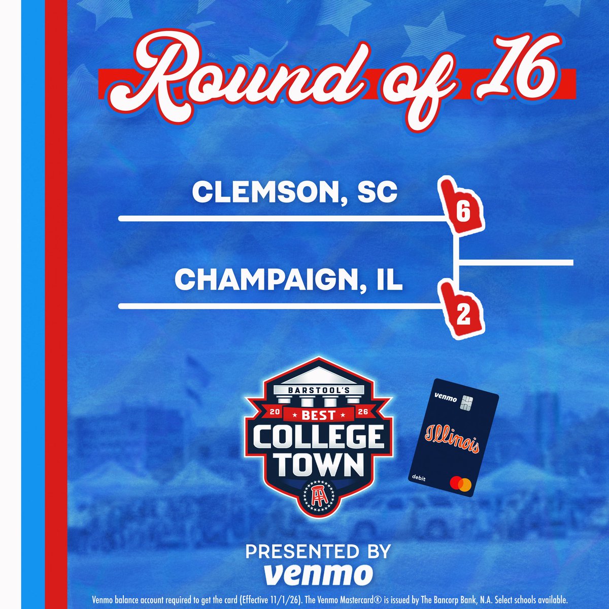 BarstoolILL's tweet photo. 🚨 CHAMPAIGN NEEDS YOUR VOTE 🚨

Barstool Best College Town Round of 16 is officially LIVE!

⏰ Voting closes Wednesday  at 11:59 PM ET

Presented by @Venmo https://t.co/DTrL0ENbZ1