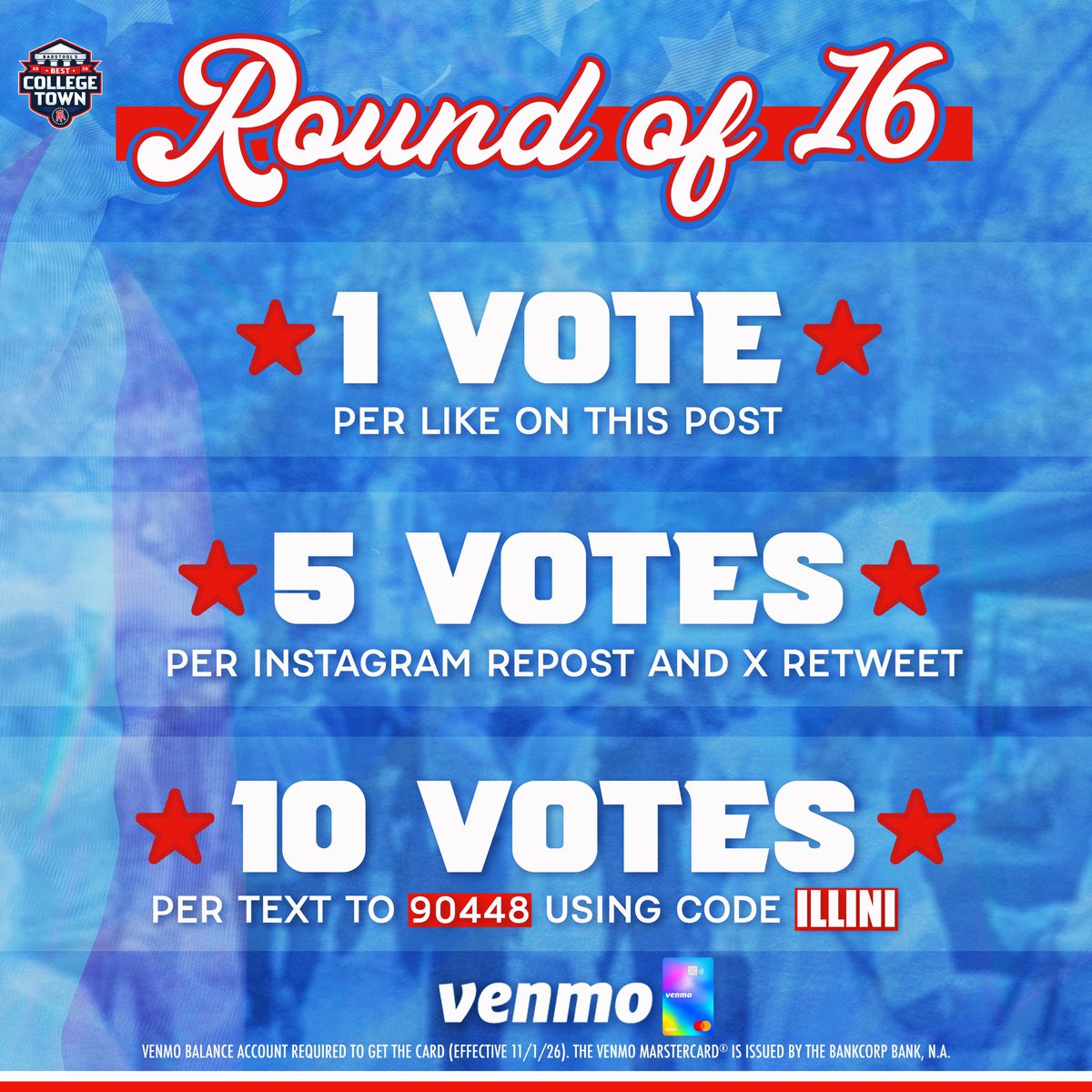 BarstoolILL's tweet photo. 🚨 CHAMPAIGN NEEDS YOUR VOTE 🚨

Barstool Best College Town Round of 16 is officially LIVE!

⏰ Voting closes Wednesday  at 11:59 PM ET

Presented by @Venmo https://t.co/DTrL0ENbZ1