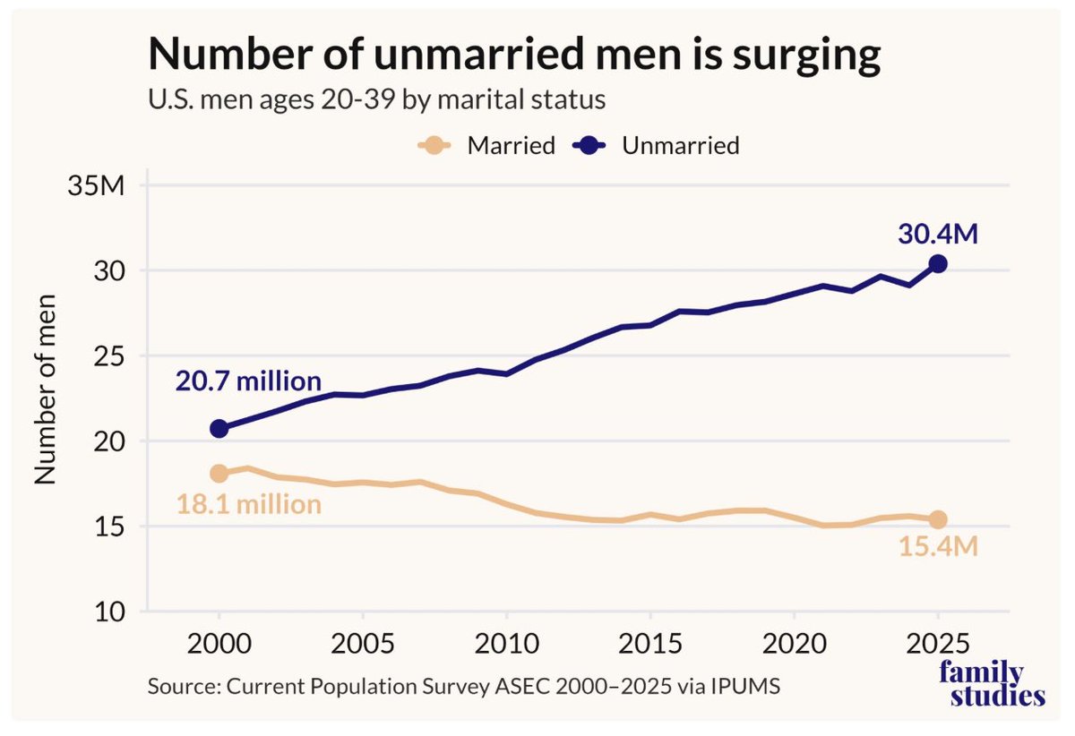 StephenMoore's tweet photo. 30 million American men are single, up 47% since 2000.

This is bigger than a dating problem. It threatens our economy, our traditional family structure, and our nation’s happiness.

America’s future depends on strong families! https://t.co/rLRUsthmp4