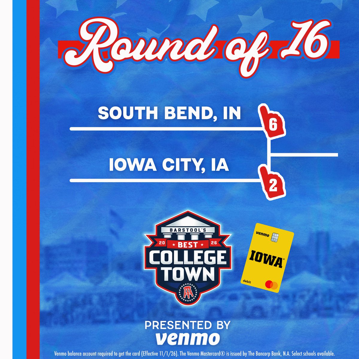 BarstoolUIowa's tweet photo. 🚨IOWA CITY NEEDS YOUR VOTE 🚨#IowaCityBCT

Barstool Best College Town Round of 16 is officially LIVE!

⏰ Voting closes Wednesday  at 11:59 PM ET

Presented by @venmo https://t.co/u8ptTV5ZEG