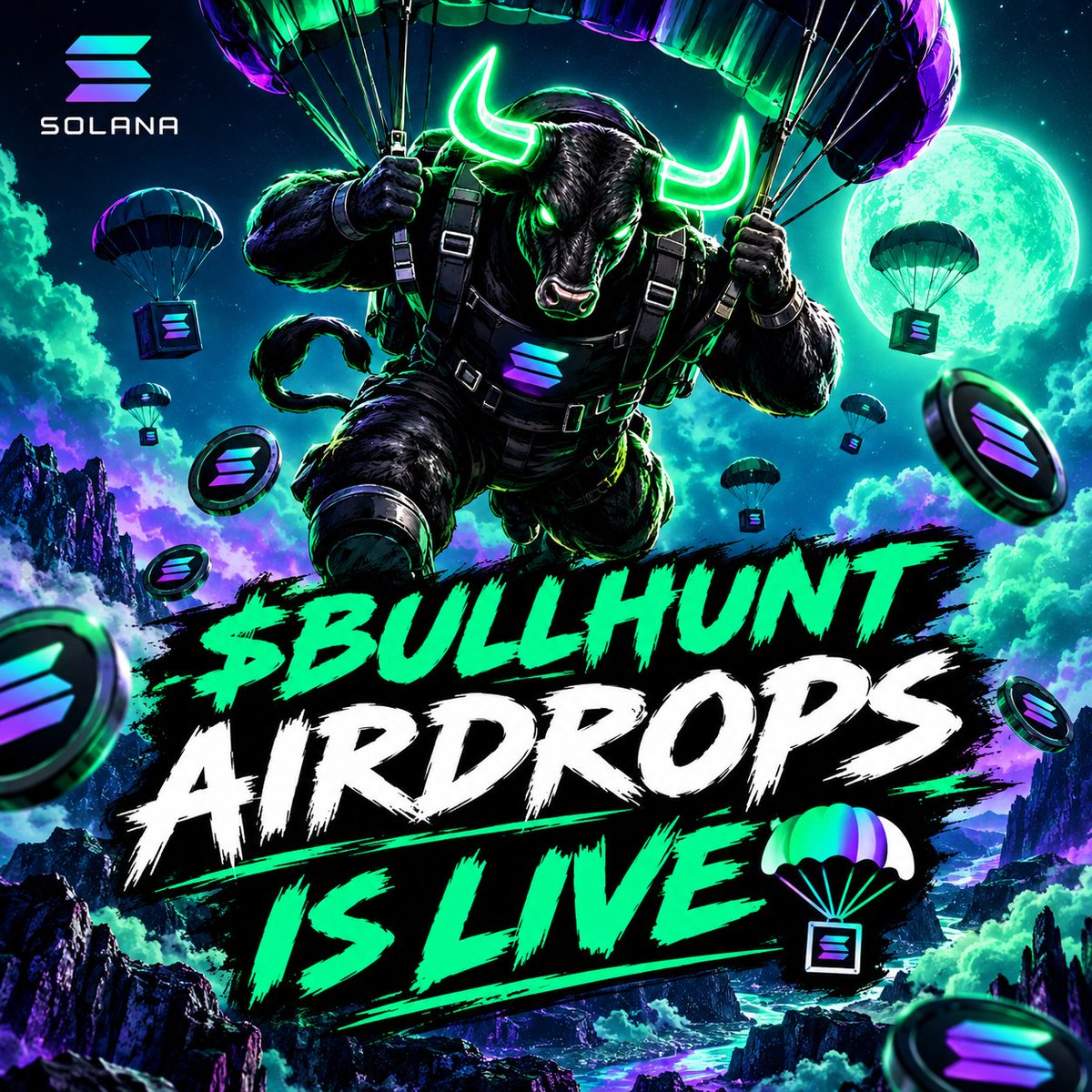 blackbullhunter's tweet photo. $BULLHUNT Airdrop is now open for 24 hours 🪂

Drop your $SOL wallet 👇 &amp; RT pinned post to enter♻️

Every wallet = 500,000 $BULLHUNT ⚡️ 

Check your Wallet in 24h! ⏰

🌐 Buy the Presale:
https://t.co/2oYGnVae6Z https://t.co/3uS66NOKT6
