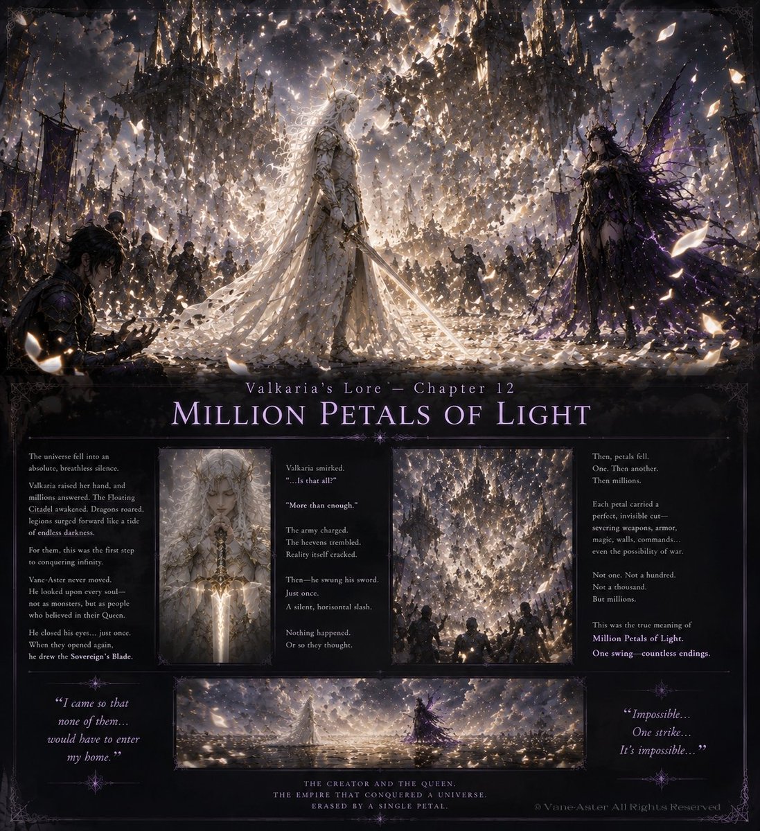 VaneAsterxix's tweet photo. "Impossible... One strike... It's impossible..."
Valkaria’s Lore — Chapter 12: Million Petals of Light
The ultimate conclusion of the Creator and the Queen. Read the breathtaking finale in the image!
#Valkaria #OC #DarkFantasy #VaneAster #Worldbuilding https://t.co/ExQ5nuP94l