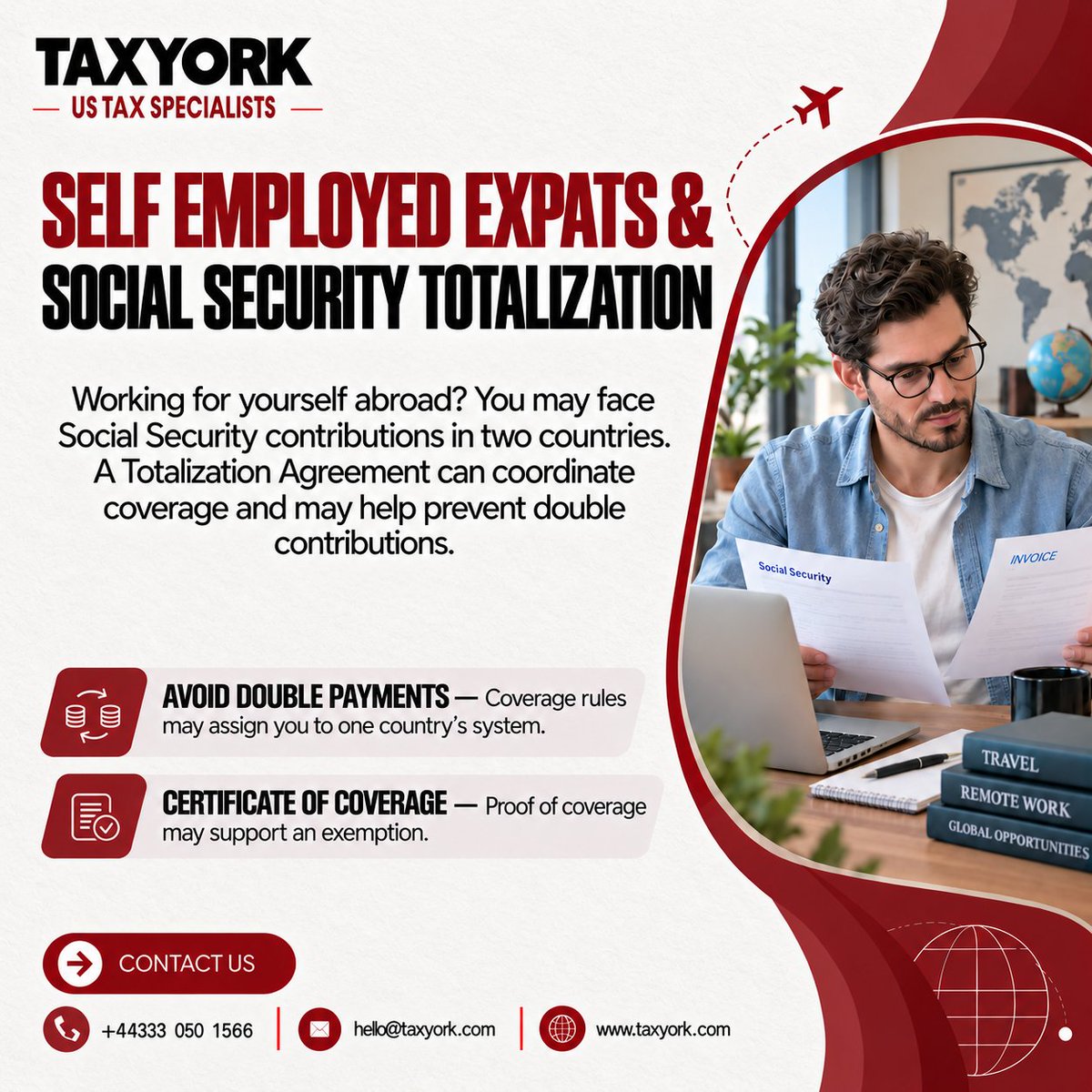 TaxYork1040's tweet photo. Self-employed and living abroad? 
Freelancing or running a business abroad?
You may owe US self-employment tax (Social Security + Medicare) even while paying into a foreign system — unless a Totalization Agreement between the US and your country of residence applies.

These agreements prevent double social security taxation, but only if applied correctly.
 Let’s check your obligations👇

📞 +44333 050 1566
🌐 https://t.co/I9i56Hu7j9
📧 hello@taxyork.com

#ExpatTax #selfemployed #SocialSecurity #USExpat #ExpatBusiness #freelancer #dualcitizenship