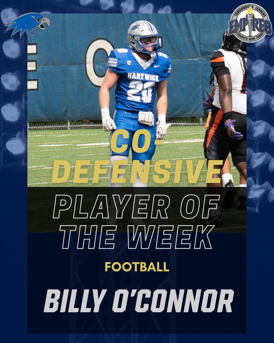 Empire8's tweet photo. @Utica_Pioneers @HUHighlanders @UticaXCTF @SageGators @FisherAthletics @SageFieldHockey @fisherfieldhoc1 @RedDragonPride @Utica_Football @CortlandFB Congrats to the second round of our #E8 Football Weekly Award Winners!

Co-Defensive Player of the Week Billy O'Connor
@HawkTalk 

Special Teams Player of the Week Elijah Georges
@ascathletics 

#E8Proud #LeadersCompeteHere #WhyD3 https://t.co/PT1xa2x1p6