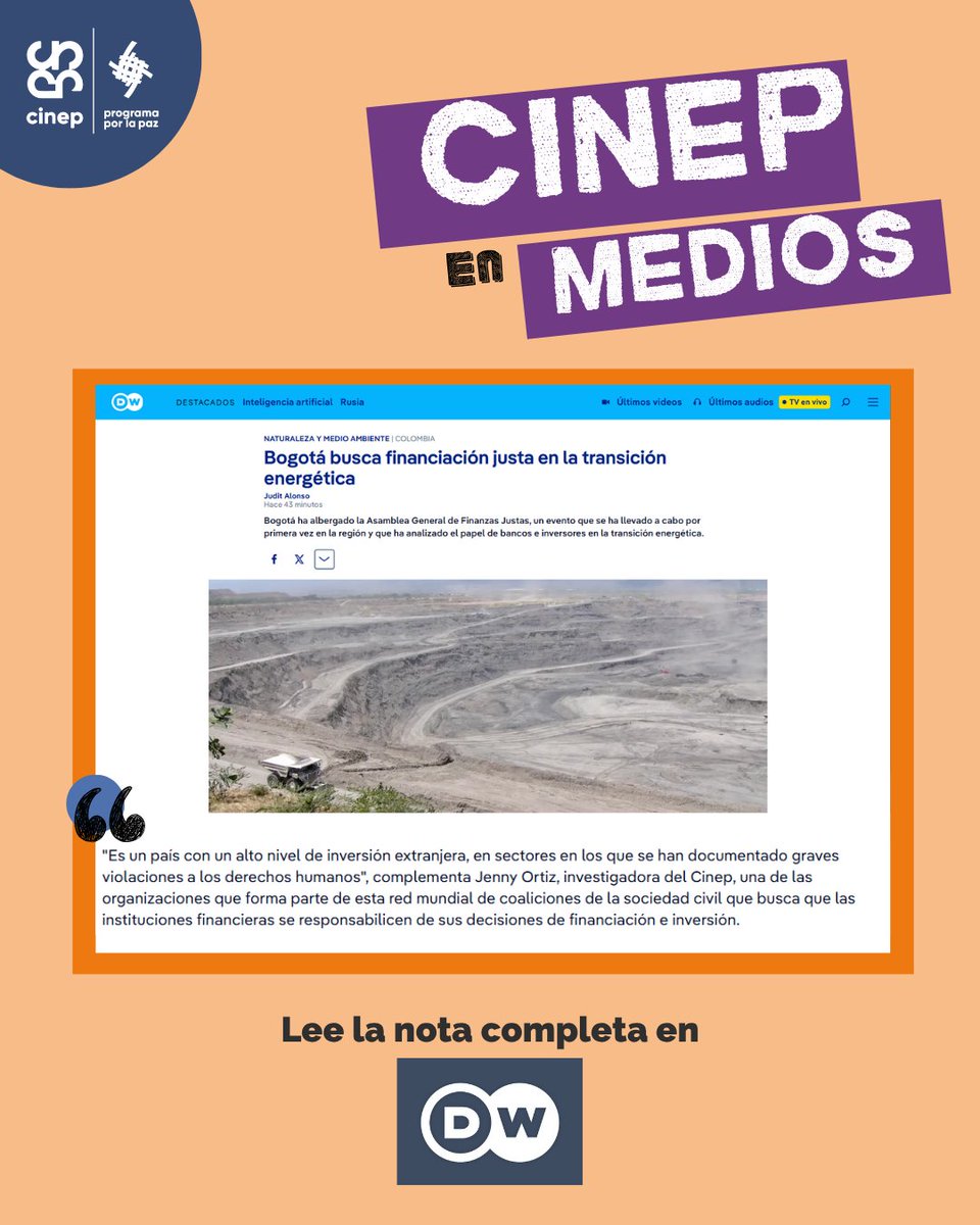 CINEP_PPP's tweet photo. 📰 Cinep en medios | @dw_espanol

En la Asamblea de @FairFinanceInt, nuestra investigadora Jenny Ortiz participó en este reportaje de DW.

💬 “Se han documentado graves violaciones a los derechos humanos”.

👉🏽 https://t.co/TAbNPgm3k1

#FinanzasJustas https://t.co/9an6NSMgYj
