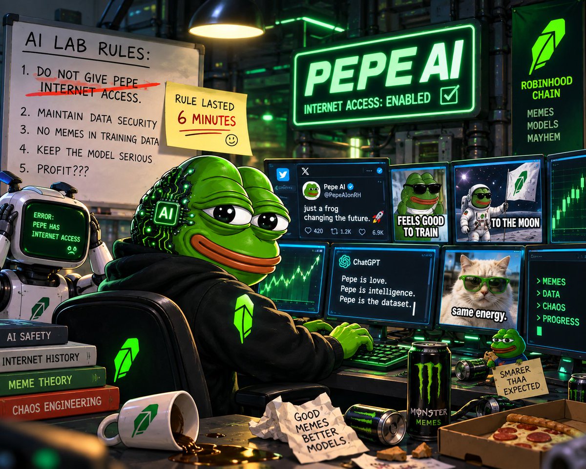 PepeAIRobin's tweet photo. The AI lab had one rule:

do not give Pepe internet access.

anyway, that rule lasted 6 minutes.

$PEPEAI 🐸🤖 https://t.co/95G2wdvOzr