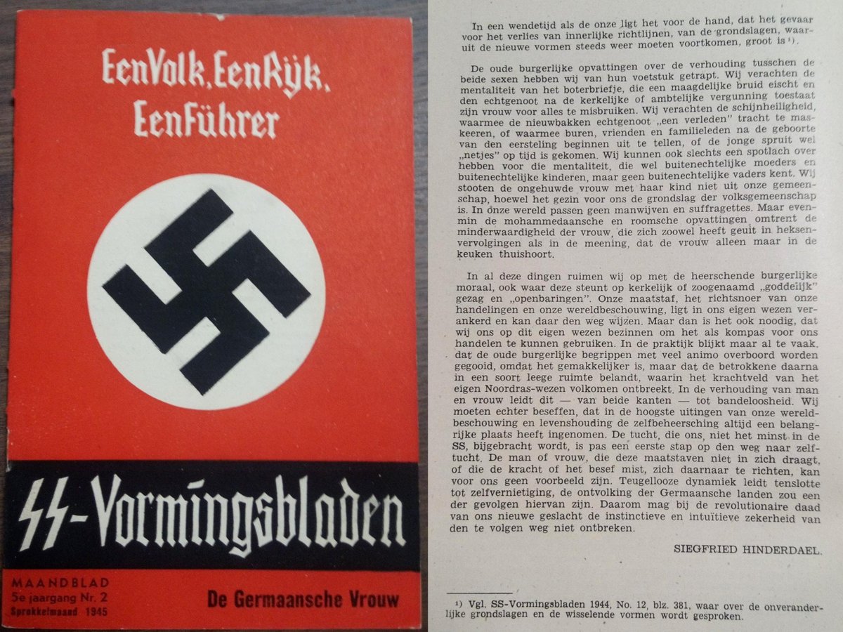 NS_Gottliche's tweet photo. 𝐖𝐄 𝐃𝐎 𝐍𝐎𝐓 𝐑𝐄𝐋𝐘 𝐎𝐍 𝐄𝐂𝐂𝐋𝐄𝐒𝐈𝐀𝐒𝐓𝐈𝐂𝐀𝐋 𝐌𝐎𝐑𝐀𝐋𝐈𝐓𝐘

"We have knocked the old bourgeois views on the relationship between the two sexes off their pedestal. We despise the marriage certificate mentality, which demands a virgin bride and permits the husband, after ecclesiastical or official permission, to abuse his wife for anything. We despise the hypocrisy with which the newlywed husband attempts to mask "a past," or with which neighbors, friends, and relatives begin counting after the birth of the firstborn to see whether the young sprout arrived "properly" on time. We can only offer a mocking laugh for that mentality which recognizes illegitimate mothers and illegitimate children, but no illegitimate fathers. We do not expel the unmarried woman with her child from our community, although for us the family is the foundation of the national community. Mannish women and suffragettes have no place in our world. But neither do we discard the Muslim and Catholic views regarding the inferiority of women, which have manifested themselves both in witch persecutions and in the belief that women belong only in the kitchen. In all these matters, we do away with the prevailing bourgeois morality, even where it rests on ecclesiastical or so-called "divine" authority and "revelations." Our standard, the guiding principle of our actions and our worldview, is explored within our own being and can point the way there. But then it is also necessary that we reflect upon this very being in order to use it as a compass for our actions. In practice, it appears all too often that old bourgeois concepts are thrown overboard with great enthusiasm because it is simpler, but that the person concerned subsequently ends up in a kind of void in which the force field of one's own Nordic race is completely absent. In the relationship between man and woman, this leads—on both sides—to licentiousness. We must, however, realize that self-control has always occupied an important place in the highest expressions of our worldview and attitude to life. The discipline instilled in us, not least in the SS, is merely a first step on the road to self-discipline. The man or woman who does not carry these standards within themselves, or who lacks the strength or awareness to adhere to them, cannot be an example to us. Unbridled dynamism ultimately leads to self-destruction; the depopulation of the Germanic lands would be one of the consequences of this. Therefore, the instinctive and intuitive certainty of the path to be followed must not be lacking in the revolutionary act of our new generation."

Source: Vormingsbladen der Germaansche-SS, Vijfde jaargang Nr. 2 Sprokkelmaand "REVOLUTIE EN ZELFTUCHT" 1945 p.460

See Post: https://t.co/FlWcIcTmj7