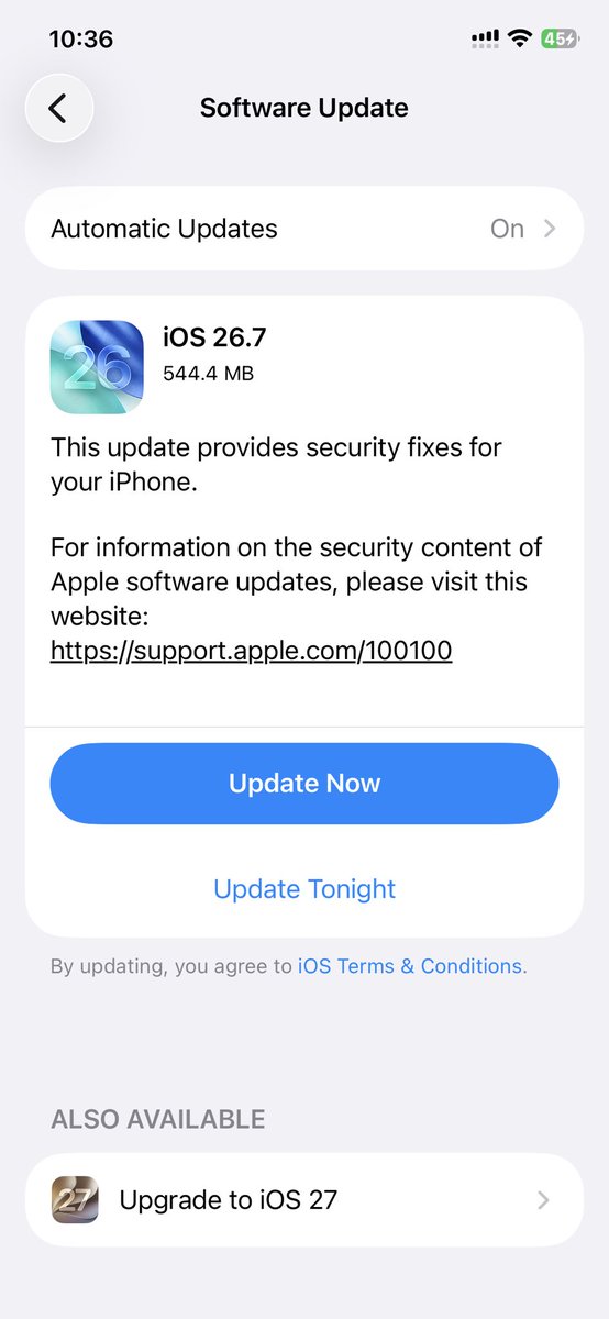 gadgettherapy20's tweet photo. iOS 27 is now available for everyone 
And also iOS 26.7 is available of don’t want to upgrade to iOS 27 https://t.co/GAQpVSNGkF