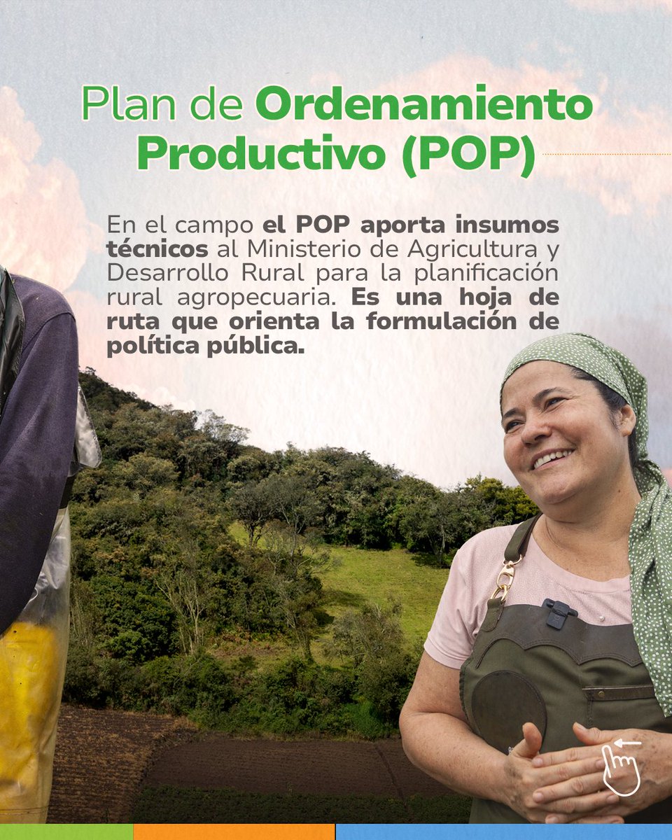 UPRAColombia's tweet photo. #UPRATeExplica | Planificar el campo no es solo un trabajo técnico; es el camino para fortalecer el esfuerzo de quienes alimentan a Colombia y potenciar sus resultados en el territorio.🌾🇨🇴
Los Planes de Ordenamiento Productivo (POP) desarrollados por la #UPRA son una hoja de ruta a 20 años, construida de manera participativa, para impulsar el desarrollo del campo, fortalecer la producción de alimentos, cuidar el ambiente, y generar más oportunidades para los productores rurales.📊🌱
Liderado por el @MinAgriculturaCo y formulado por la #UPRA y los actores de cada cadena. A la fecha, 11 cadenas productivas ya cuentan con su propio POP:
🌾 Arroz
🥔 Papa
🪵 Forestal comercial
🥩 Cárnica bovina
🥛 Láctea bovina
🐟Acuicultura para consumo humano (tilapia, trucha, cachama y camarón)
👉 Desliza el carrusel y descubre cómo funciona este instrumento que brinda información técnica para construir el #CampoMilagro