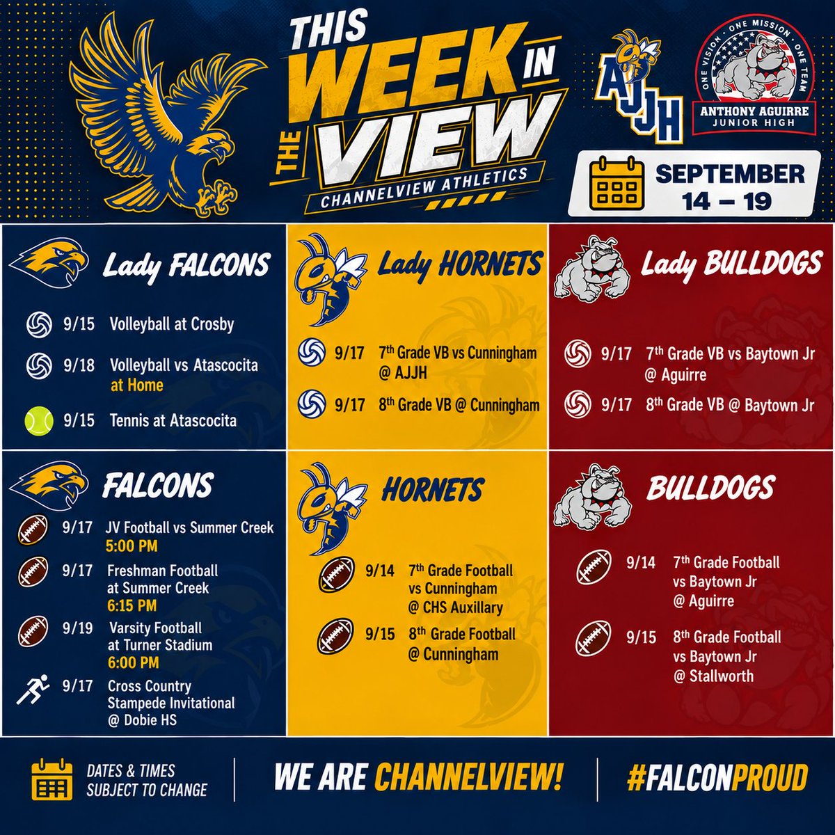 falconsofchs's tweet photo. THIS WEEK IN THE VIEW!

Another busy week for Channelview Athletics! 🏐🏈🎾🏃

Falcons, Hornets &amp; Bulldogs are all in action Sept. 14–19. Check the schedule and come support our student-athletes! 

#FalconProud #ThisWeekInTheView https://t.co/ZbUaIOrPbc