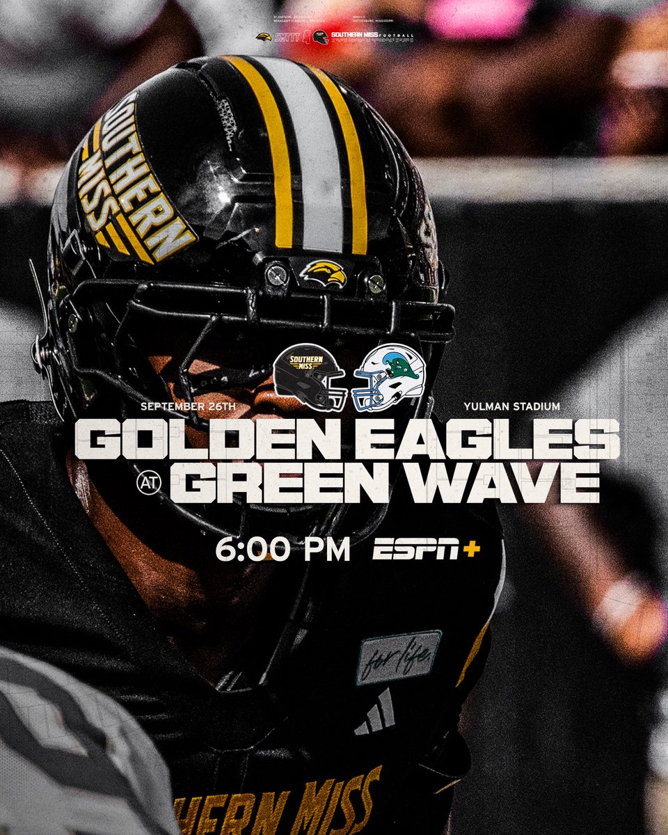 SouthernMissFB's tweet photo. Week 04 Update | at Tulane

⏰ 6 PM
📺 ESPN+ https://t.co/IUo3BnXer9