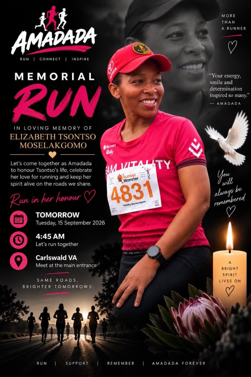LeSho2025's tweet photo. Fellow runners, let us run in her honour tomorrow morning.

Wherever you will run tomorrow morning, afternoon or evening, please make sure that you are safe.

#RunningWithTumiSole
#FetchYourBody2026
#90dayswithoutsugar https://t.co/BAOd3Mf8iN