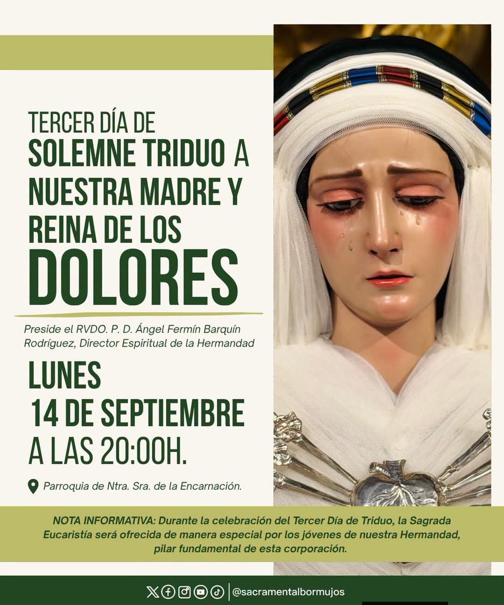 VCruzBormujos's tweet photo. 𝐓𝐄𝐑𝐂𝐄𝐑 𝐃Ɩ́𝐀 𝐃𝐄 #𝐓𝐑𝐈𝐃𝐔𝐎
de nuestra 𝐌𝐚𝐝𝐫𝐞 𝐲 𝐑𝐞𝐢𝐧𝐚 𝐝𝐞 𝐥𝐨𝐬 #𝐃𝐨𝐥𝐨𝐫𝐞𝐬 

📅 𝐋𝐮𝐧𝐞𝐬, 𝟏𝟒 𝐝𝐞 𝐬𝐞𝐩𝐭𝐢𝐞𝐦𝐛𝐫𝐞
🕗 𝟐𝟎:𝟎𝟎 𝐡𝐨𝐫𝐚𝐬
📍 𝐏𝐚𝐫𝐫𝐨𝐪𝐮𝐢𝐚 𝐝𝐞 𝐍𝐭𝐫𝐚. 𝐒𝐫𝐚. 𝐝𝐞 𝐥𝐚 𝐄𝐧𝐜𝐚𝐫𝐧𝐚𝐜𝐢𝐨́𝐧 https://t.co/C5CUyYqPmP