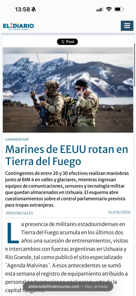 MartinPerezTDF's tweet photo. La presencia de personal militar de una potencia extranjera en Tierra del Fuego es preocupante.

¿Tienen aprobación del Congreso como exige nuestra Constitución Nacional?

El Poder Ejecutivo Nacional debe informar con precisión la situación denunciada por el medio Agenda Malvinas y, en el marco de sus competencias de control, el propio Congreso debe verificar el posible incumplimiento de lo dispuesto por la Constitución Nacional en el artículo 75 inciso 28.

La decisión anunciada por el Presidente de dar continuidad a las obras de construcción de la Base Naval de Ushuaia, paralizadas tras casi 3 años, no debe convertirse en un intento de meter por la ventana la militarización del territorio argentino por parte de potencias extranjeras.

Únicamente las Fuerzas Armadas Argentinas deben tener permitido el uso de la base.

Ninguna ley ni mucho menos la Constitución Nacional avalan la militarización de nuestro territorio por parte de otros países.