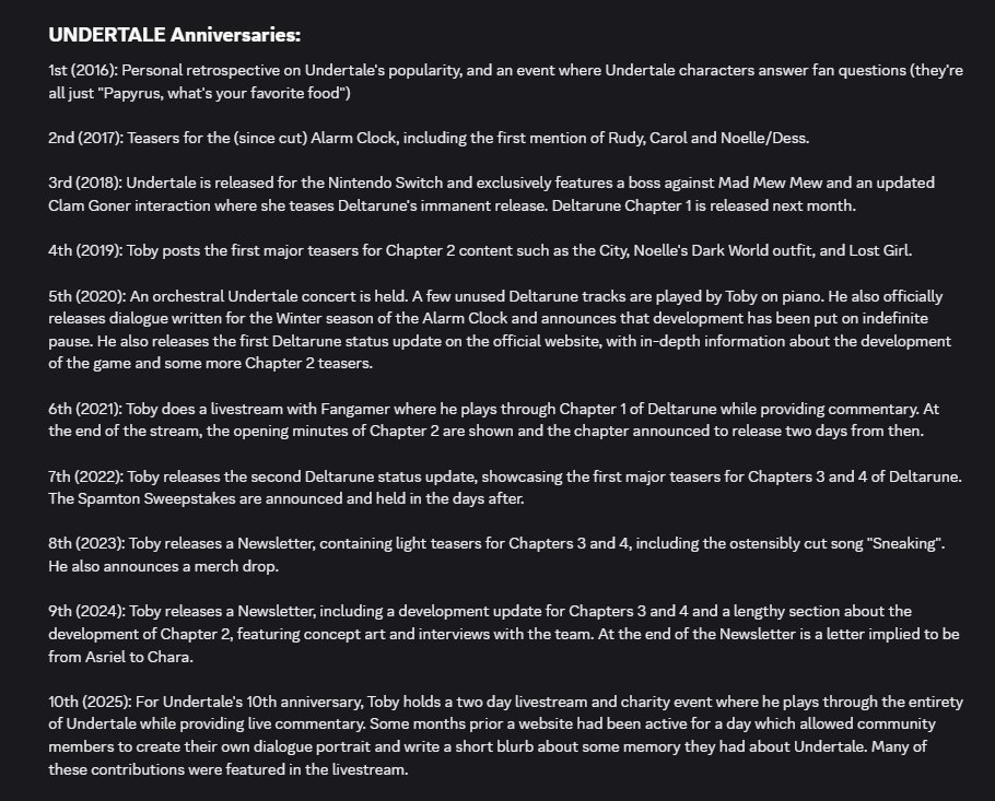 gonergnostic's tweet photo. Previous Undertale anniversaries. Statistically speaking most of them are pretty substantive and exciting, but there are also definitely occasional duds (8 and 9, I'm looking at you). 

I wonder if we're in for a good one with 11, or whether it'll be a more low-key one. https://t.co/eedymO1JQ8