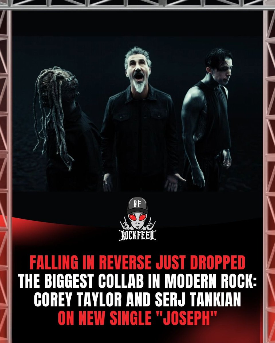 Rock Feed slide: Ronnie Radke, a masked Corey Taylor and Serj Tankian in darkness, headline reading Falling In Reverse just dropped the biggest collab in modern rock, Corey Taylor and Serj Tankian on new single Joseph