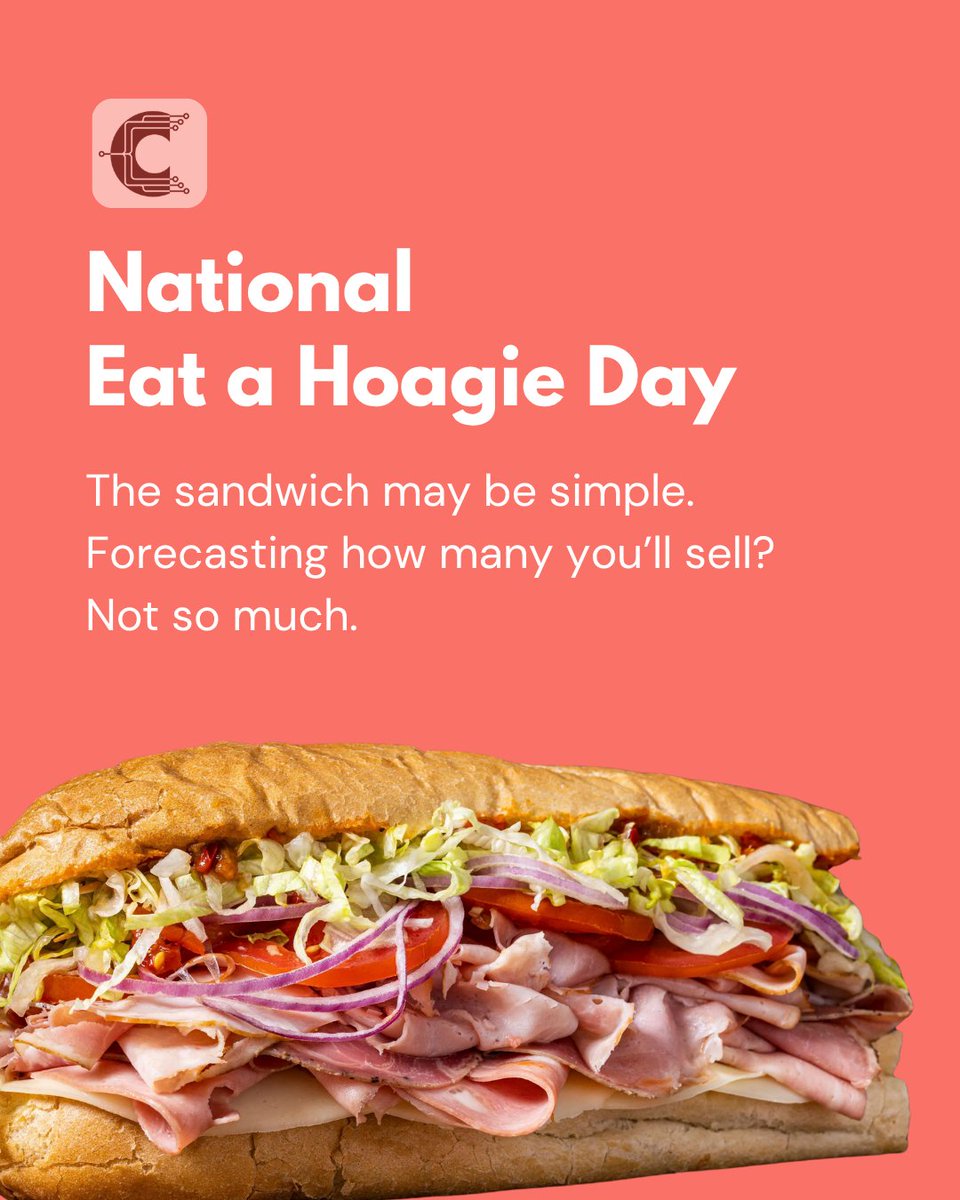 ClearCogs's tweet photo. Happy National Eat a Hoagie Day 🥖

A great hoagie starts with better prep. The right forecast helps sandwich shops have enough for every order without ending the day with over-prepped ingredients.

Here’s to better prep, less waste &amp; plenty of hoagies. https://t.co/pOBtQdHUrq