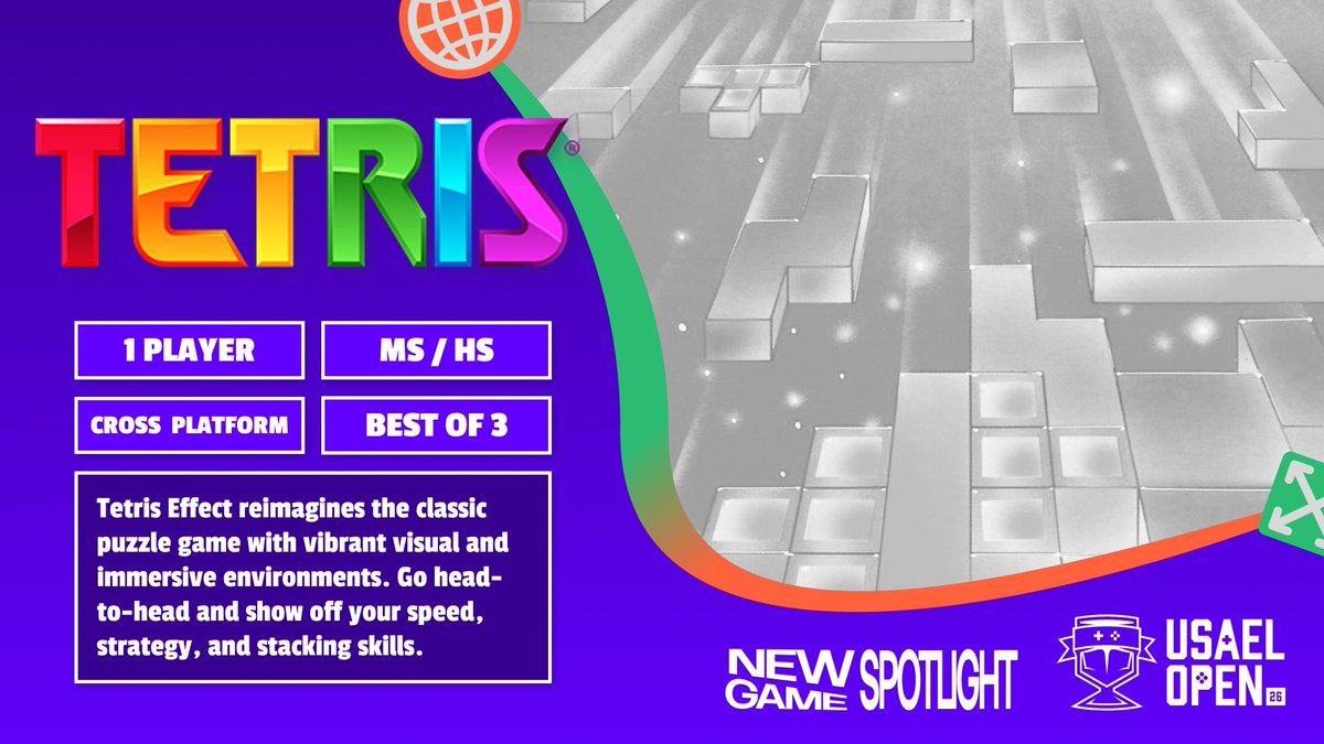 USAELesports's tweet photo. Our last new game spotlight is on an old classic, Tetris!

Tetris Effect is joining USAEL Open as a new 1v1 title! Easy to learn, hard to master, and highly requested by students and coaches alike. Show us your T-spins!

https://t.co/wDo3W5Jrex https://t.co/PLwT37aEtK