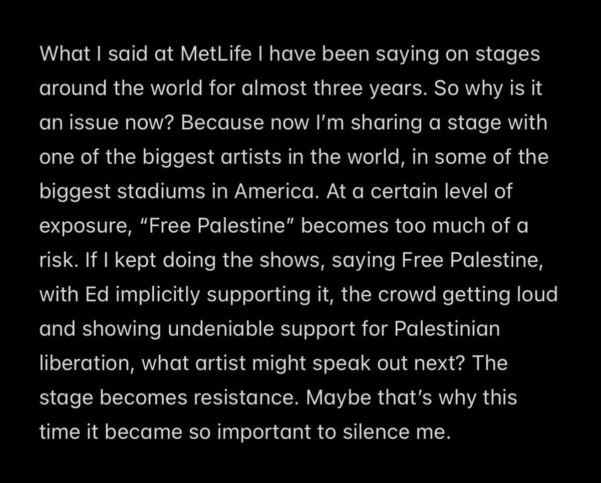 Villgecrazylady's tweet photo. “He told me the words ‘Free Palestine’ and the image of the Palestinian flag were hurtful to a lot of the people he spoke with…”

Ed Sheeran choosing to prioritize the “hurt feelings” of neurotic rich Zionists over advocacy for the downtrodden and freedom of expression for artists shows exactly what kind of man he is. Which is too bad because for a second there he was looking pretty awesome.
