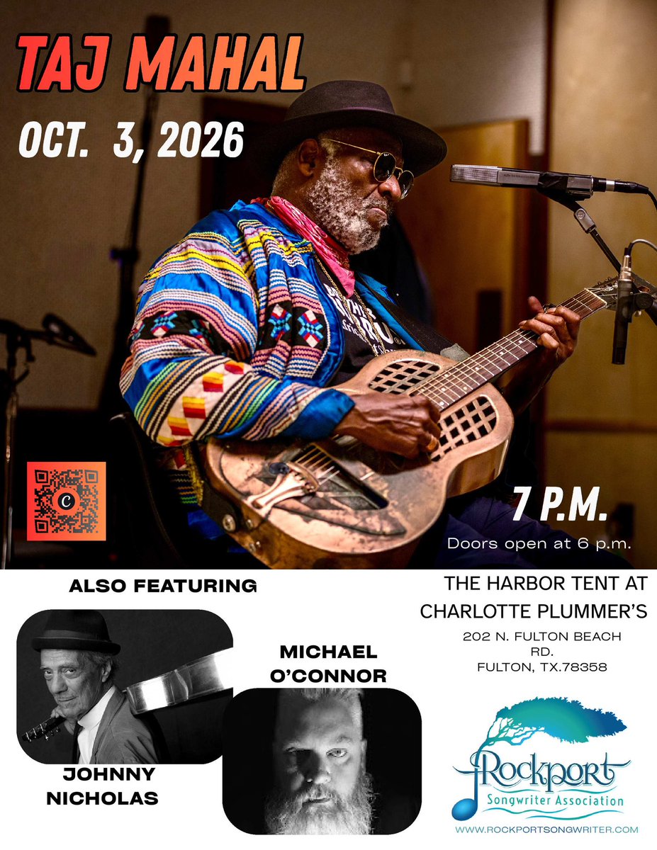 tajmahalblues's tweet photo. Taj will be playing a special show at the Harbor Tent At Charlotte Plummer's along with Johnny Nicholas and Michael O’Connor on Saturday, October 3rd in Fulton, Texas! Tickets are currently on sale at the link below.

https://t.co/1Icr3No2u9 https://t.co/KFrUKKt0dM