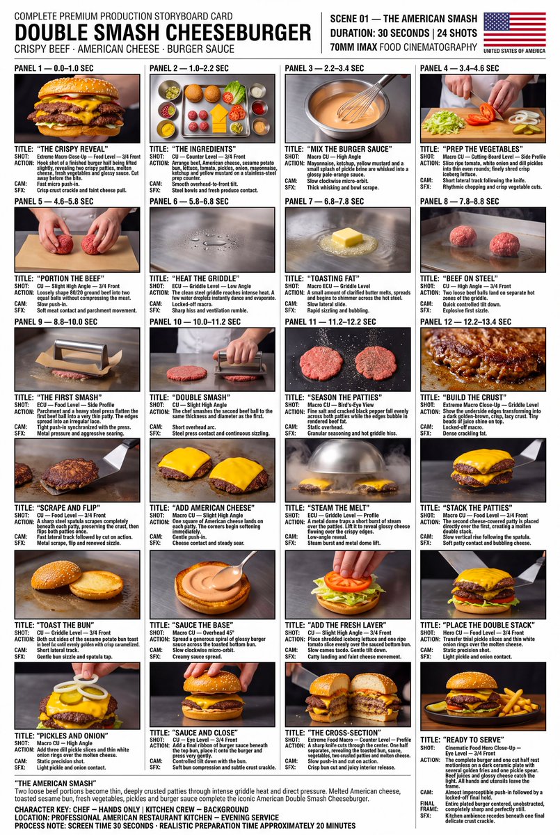 OleksaFrame's tweet photo. This burger never existed. The appetite it creates definitely does.

I built this AI food commercial shot by shot, keeping the textures, sauce, and motion consistent.

Full prompt below 👇 Would it make you order?

Generate the first 10 seconds of a premium American double-smash-cheeseburger film. Follow panels 1–9 of the storyboard exactly in order.

SHOT STRUCTURE: 9 shots, exactly 10 seconds, 16:9, exactly as listed, no added shots.

REFS:
@Image1 = <IMAGE_REF_0>, the supplied 24-panel storyboard card. It controls shot order, food, actions, framing logic, and kitchen continuity only. Create fresh live-action framing; exclude the storyboard grid, borders, labels, typography, flag, and graphic layout.

GLOBAL STYLE NOTES:
setting: professional American restaurant kitchen during evening service; clean stainless prep counter and flat-top griddle; chef visible only as natural healthy-rich-skinned hands and white coat sleeves.
lighting_philosophy: one large diffused overhead kitchen source softly bounced by stainless steel; haze and cooking steam reveal volumetric light through every depth plane.
color_grade: every frame looks like a 70mm IMAX film still, large-format cinematography, epic dynamic range, ultra-sharp fine grain, anamorphic lens character. Very high saturation and a bold vivid palette: golden bun, orange-yellow cheese and sauce, red tomato, green lettuce and pickles against cool steel and controlled crisp blacks; vibrant midtones, clean saturated shadows, glossy highlights and bright pop speculars.
camera_character: premium food cinematography; f/16 deep focus, everything sharp front to back, edge-to-edge sharpness, no focal drift. Soft low-contrast lighting, diffused glow, controlled micro push-ins and locked macro frames.
ambience: tactile kitchen ASMR only—soft extraction fan, steel room tone and crisp food contact. No dialogue, narration, captions, or music.

SEQUENCE LIST:
SHOT 1 (0.0 to 1.0s) HOOK — extreme macro food-level three-quarter hero close-up. Fast 8 cm push-in on the finished double smash cheeseburger; two lacy-crusted patties, melted American cheese, vegetables and glossy sauce remain tack sharp. Bun crackles faintly and cheese gives a soft pull. Exit on a bright cheese specular. (SMASH CUT TO)

SHOT 2 (1.0 to 2.2s) — counter-level overhead three-quarter view. Smooth short tilt reveals two loose beef portions, sesame potato bun, lettuce, tomato, pickles, onion, mayonnaise, ketchup and yellow mustard arranged separately in stainless bowls. Soft bowl contacts. Exit on the circular sauce bowl. (MATCH CUT TO)

SHOT 3 (2.2 to 3.4s) — macro high angle. A whisk folds ketchup, yellow mustard, mayonnaise and a small splash of pickle brine into glossy pale-orange burger sauce; slow clockwise micro-orbit, viscous folds and bowl scrape. Exit as one sauce spiral closes. (CUT TO)

SHOT 4 (3.4 to 4.6s) — cutting-board-level side macro. The chef slices ripe tomato into even rounds, white onion and dill pickles into thin rings, then finely shreds crisp iceberg; short lateral track follows the knife, rhythmic crisp cuts. Exit on the final lettuce stroke. (CUT TO)

SHOT 5 (4.6 to 5.8s) ��� slight high-angle close-up. Both hands loosen raw 80/20 ground beef into two equal balls without compressing it, then release them onto parchment; gentle push-in, soft meat contact and parchment movement. (CUT TO)

SHOT 6 (5.8 to 6.8s) — griddle-level low extreme close-up. Water droplets strike intensely hot steel, dance and evaporate under a locked frame; sharp hiss and low ventilation rumble. Exit as the last droplet flashes away. (MATCH CUT TO)

SHOT 7 (6.8 to 7.8s) — griddle-level macro. A small cube of clarified butter lands, melts, foams and spreads across the steel; slow 5 cm lateral slide, rapid sizzle and bubbling. Exit on the expanding golden pool. (CUT TO)

SHOT 8 (7.8 to 8.8s) — slight high-angle close-up. The chef places both beef balls on separate hot zones; they retain irregular loose texture, steam rises, explosive first sizzle. Quick controlled tilt down. (CUT ON ACTION TO)

SHOT 9 (8.8 to 10.0s) SIGNATURE — food-level side macro. Parchment covers the first ball; a heavy steel press drives straight down once, flattening it into a thin irregular patty as lacy edges spread and fat crackles. Tight 6 cm push-in synchronized with the press; metal pressure and aggressive sear dominate. End with the press lifting and the first patty sizzling.

Continue the previous video seamlessly for exactly 10 seconds from its final frame. Follow panels 10–18 of the same storyboard exactly in order.

SHOT STRUCTURE: 9 shots, exactly 10 seconds, 16:9, exactly as listed, no added shots.

REFS:
@Image1 = <IMAGE_REF_0>, the supplied 24-panel storyboard card. It controls panels 10–18, food states, actions and framing logic only. Preserve the exact kitchen, chef hands, griddle, ingredients, two patties, direction of action, lighting, color, optics, film grain and native audio from the previous clip. Exclude the storyboard typography and card layout.

GLOBAL STYLE NOTES:
look: every frame looks like a 70mm IMAX film still—large-format cinematography, anamorphic lens character, epic dynamic range, ultra-sharp fine grain, f/16 deep focus and edge-to-edge sharpness. One large diffused overhead kitchen source creates soft low-contrast light through haze and steam; controlled crisp blacks, clean saturated shadows, healthy rich skin, vibrant midtones, glossy highlights, bright pop speculars, very high saturation and a bold vivid food palette.
ambience: continue the extraction fan and tactile griddle ASMR; sear, scrape, steam and food contact carry the edit. No dialogue, narration, captions, or music.

SEQUENCE LIST:
SHOT 1 (0.0 to 1.1s) — slight high-angle close-up. Continuing the smash rhythm, the same steel press flattens the second loose beef ball once to the same thin diameter as the first; short overhead arc, firm metal contact and continuous sizzling. (CUT TO)

SHOT 2 (1.1 to 2.2s) — griddle-level bird’s-eye macro. Fine salt and cracked black pepper fall evenly across both thin patties while rendered fat bubbles at their irregular edges; locked frame, granular seasoning and hot-steel hiss. (CUT TO)

SHOT 3 (2.2 to 3.3s) SIGNATURE — extreme macro griddle-level close-up. The underside edge of one patty transforms into a dark golden-brown, crisp, lacy crust; tiny clear beads of beef juice shine on top. Imperceptible push-in, dense crackling fat. Exit on one bright juice bead. (MATCH CUT TO)

SHOT 4 (3.3 to 4.5s) — food-level three-quarter close-up. A sharp steel spatula scrapes completely beneath each patty and flips both exactly once; fast lateral track follows the continuous movement, preserving crust and shape. Metallic scrape and two weighted taps. (CUT ON ACTION TO)

SHOT 5 (4.5 to 5.6s) — slight high-angle macro. One square of vivid American cheese lands centered on each patty; corners immediately soften while both patties keep their established positions. Gentle 5 cm push-in, cheese contact over steady sear. (CUT TO)

SHOT 6 (5.6 to 6.8s) — griddle-level profile extreme close-up. A metal dome lowers over both patties, traps a short burst of steam, then lifts to reveal glossy cheese flowing over crispy edges; low-angle reveal, pressurized steam burst and dome lift. (CUT TO)

SHOT 7 (6.8 to 7.9s) CLIMAX — food-level three-quarter macro. The spatula raises the second cheese-covered patty and places it directly on the first, forming one aligned double stack; slow vertical rise, soft patty contact and bubbling cheese. (CUT TO)

SHOT 8 (7.9 to 9.0s) — griddle-level three-quarter close-up. Both bun halves toast cut-side down in the same beef fat until evenly golden with crisp caramelized rings; short lateral track, gentle bun sizzle and one spatula tap. (CUT TO)

SHOT 9 (9.0 to 10.0s) — 45-degree overhead macro. The toasted bottom bun sits centered; a spoon spreads one generous clockwise spiral of glossy pale-orange burger sauce to the edge. Slow circular micro-orbit and creamy scrape. End on the completed sauced base.

Continue the previous video seamlessly for exactly 10 seconds from its final frame. Follow panels 19–24 of the same storyboard exactly in order and finish on the plated hero image.

SHOT STRUCTURE: 6 shots, exactly 10 seconds, 16:9, exactly as listed, no added shots.

REFS:
@Image1 = <IMAGE_REF_0>, the supplied 24-panel storyboard card. It controls panels 19–24, ingredient order, burger construction, cross-section and final plating only. Preserve the exact sauced bun, double cheese stack, kitchen, chef hands, lighting, grade, film texture, optical behavior and audio from the previous clip. Create clean live-action footage without the storyboard text, grid, border, flag or card design.

GLOBAL STYLE NOTES:
look: every frame looks like a 70mm IMAX film still, large-format cinematography, anamorphic lens character, epic dynamic range, ultra-sharp fine grain, f/16 deep focus, everything sharp front to back and edge to edge. Soft low-contrast diffused overhead kitchen light remains visible in hazy air and steam; controlled crisp blacks, clean saturated shadows, healthy rich skin, vibrant midtones, glossy highlights, bright pop speculars, very high saturation and a bold vivid palette.
camera_character: deliberate premium food-film precision, smooth short pushes and locked hero compositions, no focal drift.
ambience: continuous restrained kitchen ASMR—soft extraction fan, moist vegetable contact, spatula scrape, bun crackle and knife cut. No dialogue, narration, captions, or music.

SEQUENCE LIST:
SHOT 1 (0.0 to 1.4s) — slight high-angle three-quarter close-up. Onto the sauced bottom bun, the chef places shredded iceberg evenly, then one ripe tomato slice centered on top; slow camera ease downward, crisp lettuce rustle and soft tomato contact. (CUT TO)

SHOT 2 (1.4 to 2.8s) — food-level frontal three-quarter hero close-up. The spatula transfers the intact double cheese stack directly onto the tomato and lettuce; static precision frame, soft patty landing and bubbling cheese. (CUT TO)

SHOT 3 (2.8 to 4.1s) — high-angle macro. Three dill-pickle rounds and thin white-onion rings are placed symmetrically on the melted cheese; locked frame and light moist contact. Exit on the circular onion geometry. (MATCH CUT TO)

SHOT 4 (4.1 to 5.5s) — eye-level three-quarter close-up. A final ribbon of pale-orange burger sauce lands beneath the sesame top bun; both hands lower the bun and press once very gently, settling the layers without crushing them. Controlled tilt down, sauce movement and subtle crust crackle. (CUT TO)

SHOT 5 (5.5 to 7.6s) SIGNATURE — counter-level profile extreme food macro. A sharp knife slices once through the center; one half separates to reveal toasted bun, glossy sauce, crisp lettuce, tomato, pickles, onion, two deeply crusted patties and two molten cheese layers. Slow 8 cm push-in; crisp bun cut and juicy interior release. Every ingredient remains stable and distinct. (CUT TO)

SHOT 6 (7.6 to 10.0s) RESOLUTION — eye-level three-quarter cinematic food hero close-up. Presentation cut: one fully assembled double smash cheeseburger and one cross-section half rest motionless on a dark ceramic plate with golden fries and one pickle spear. Beef juices and glossy cheese catch the diffused light while faint haze hangs through every depth plane. Almost imperceptible 6 cm push-in for 1.8 seconds, followed by a locked final hold for 0.6 seconds. Kitchen ambience recedes beneath one delicate crust crackle. End perfectly centered, unobstructed and appetizing.