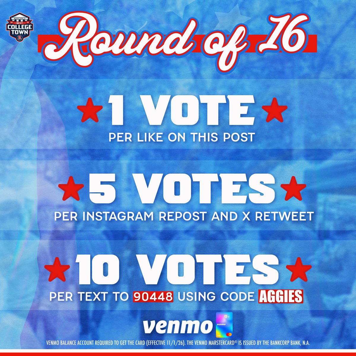 BarstoolTexasAM's tweet photo. 🚨 COLLEGE STATION NEEDS YOUR VOTE 🚨#CollegeStationBCT

Barstool Best College Town Round of 16 is officially LIVE!

⏰ Voting closes Wednesday  at 11:59 PM ET

Presented by @venmo https://t.co/2GxhEIh3sn