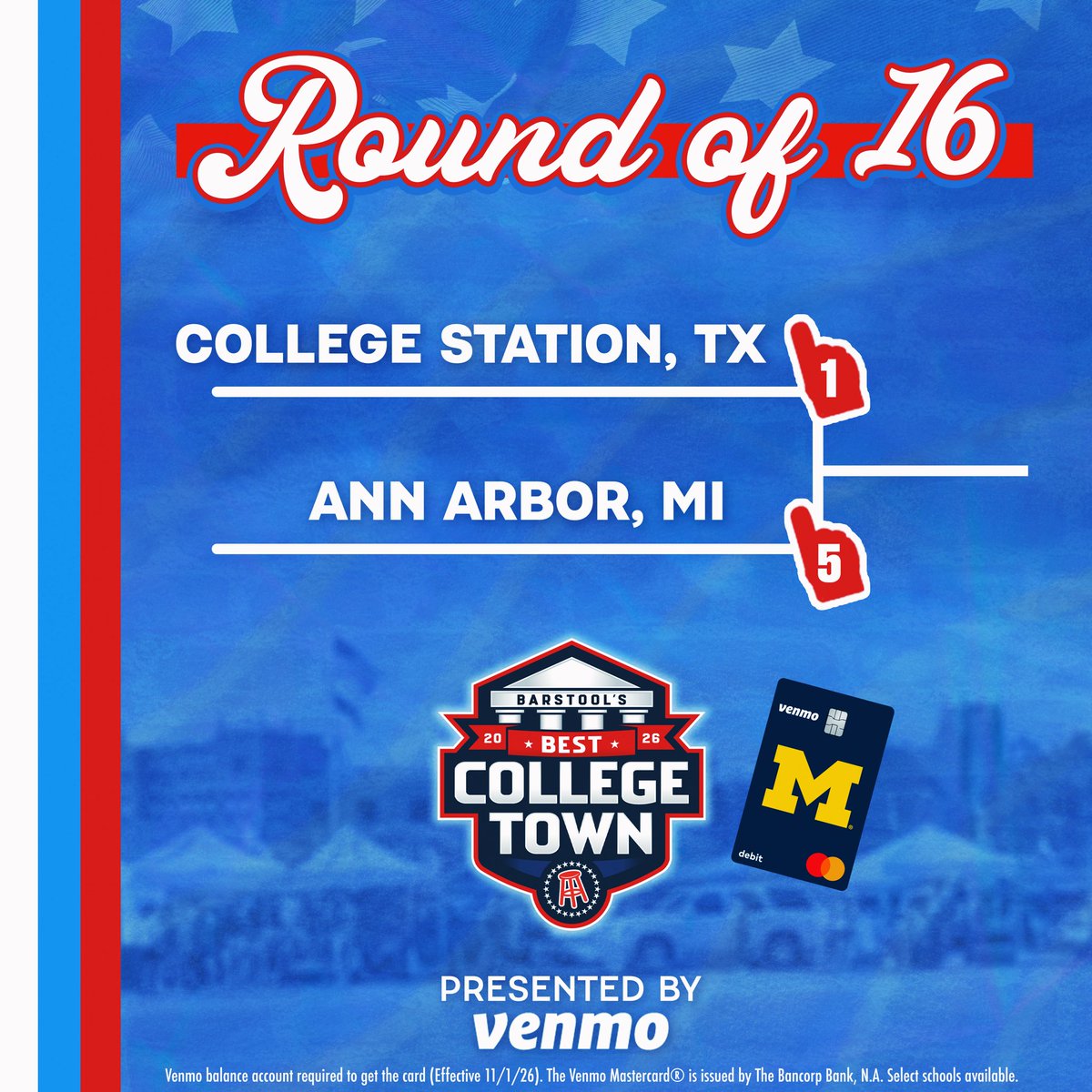 BarstoolTexasAM's tweet photo. 🚨 COLLEGE STATION NEEDS YOUR VOTE 🚨#CollegeStationBCT

Barstool Best College Town Round of 16 is officially LIVE!

⏰ Voting closes Wednesday  at 11:59 PM ET

Presented by @venmo https://t.co/2GxhEIh3sn