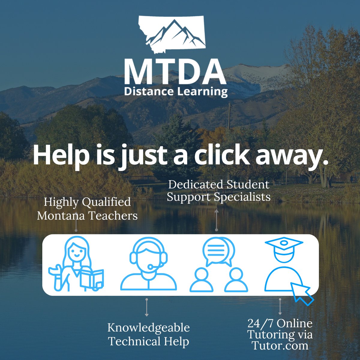 MontDigAcad's tweet photo. At Montana Digital Academy, students never learn alone!

👱 Certified Montana teachers guide every course
🏫 MTDA and locally based support teams to help keep students on track
💻 24/7 access to digital lessons and resources
🔧 Responsive help desk &amp; tech support https://t.co/Wv6vs4hTv5