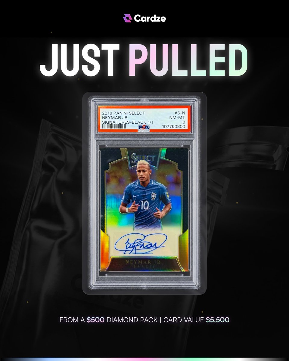 CardzeOfficial's tweet photo. A Neymar 1/1 Auto worth $5,500 just came out of a $500 Diamond Pack 😮‍💨

Who’s pulling the next one?
#cardze #neymar #soccercards https://t.co/nuMpudndDO