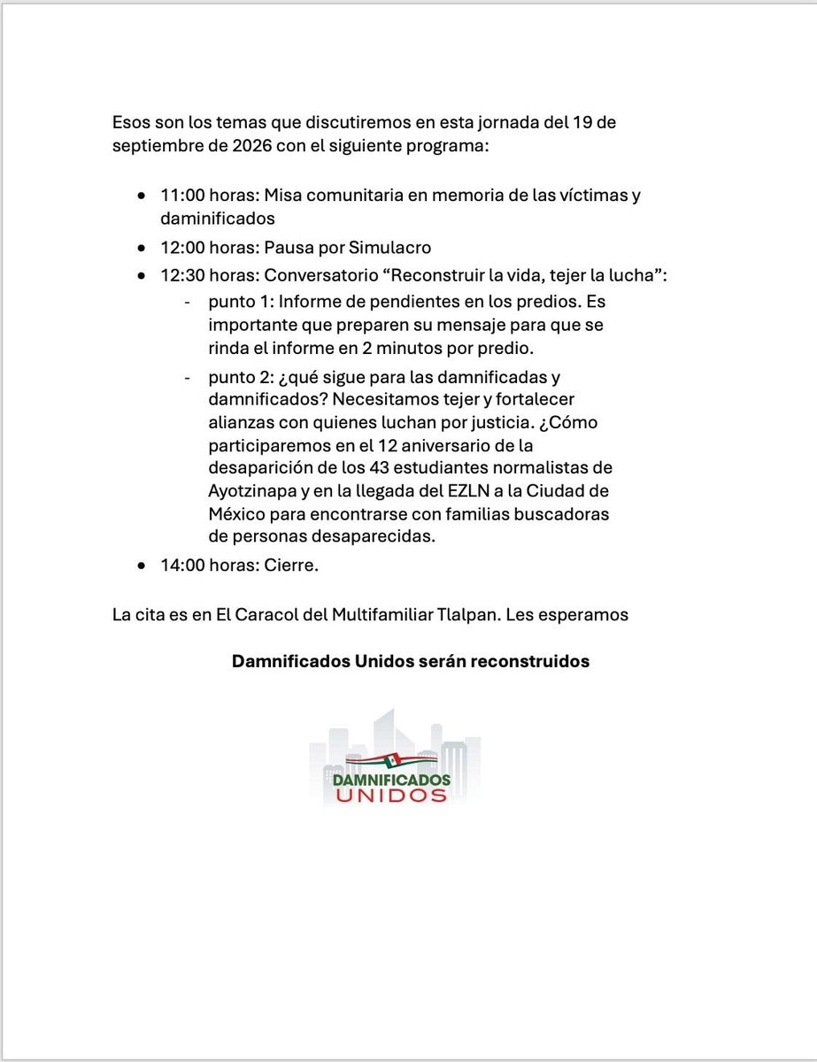 DUCDMX's tweet photo. NUESTRA MEMORIA LUCHA
Invitamos a todxs lxs damnificadxs, hayan recuperado o no su hogar o con pendientes, y a quien quiera organizarse, al acto a 9 años del sismo: misa por las víctimas y conversatorio “Reconstruir la vida, tejer la lucha” #DamnificadosUnidosSeránReconstruidos https://t.co/ftJVgwdzfv